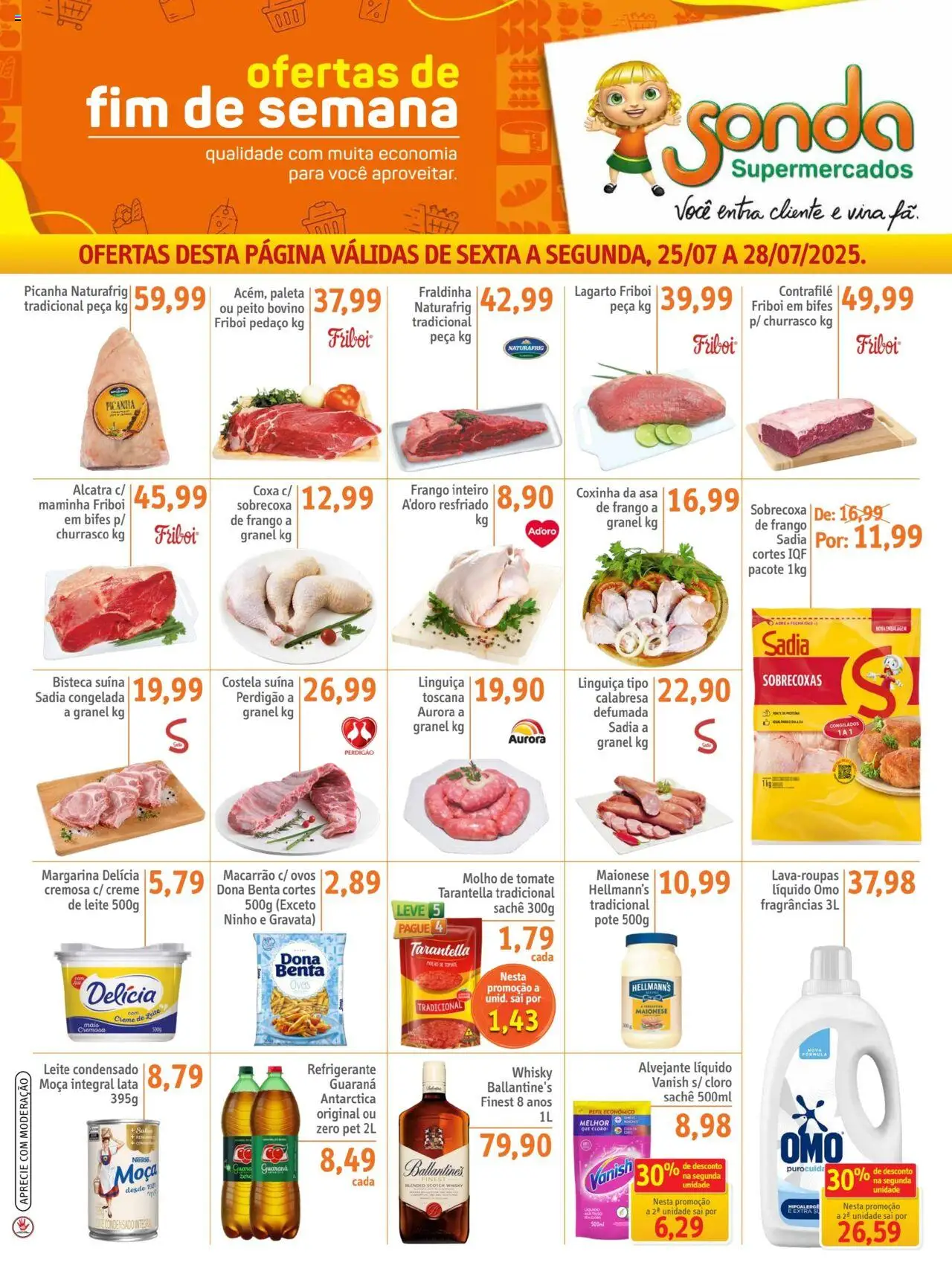 Sonda folheto "Ofertas FDS" válido a partir de 25/07/2025 - número de página 1 - Tomate, Whisky, Fraldinha, Ballantine’s, Leite, Macarrão, Leite condensado, Margarina
