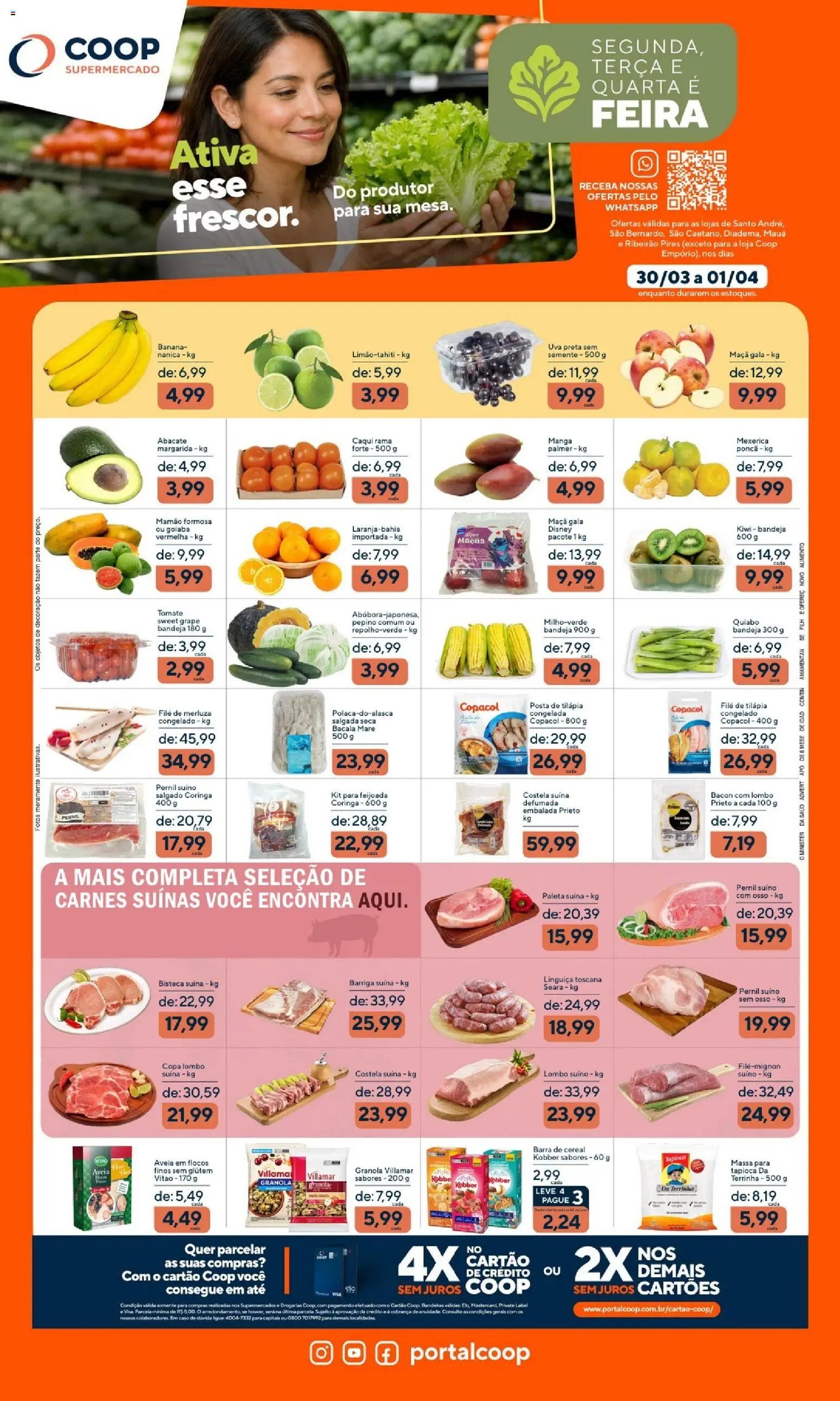 Pré-Visualização do folheto "Coop ofertas Segunda, Terça e Quarta é Feira" da loja Coop válido a partir de 30/03/2026 - Tapioca, Decoração, Uva, Quiabo, Granola, Bacon, Pernil, Paleta suína