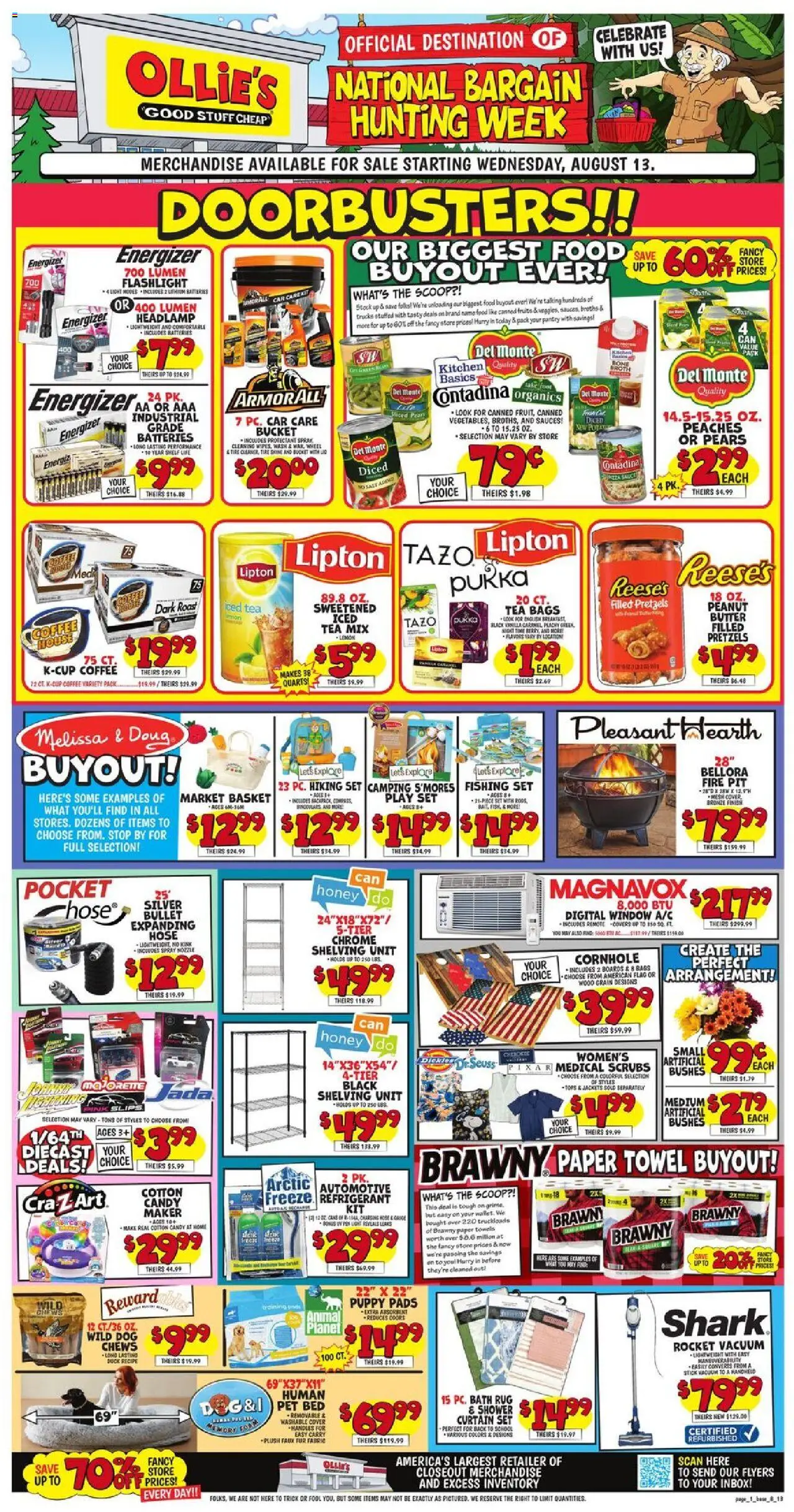 Ollie's Weekly Ad from 08/13/2025 - Flyer - Page number 1 - Coffee, Tire, Shower, Salt, Bath, Basket, Vanilla, Sauce