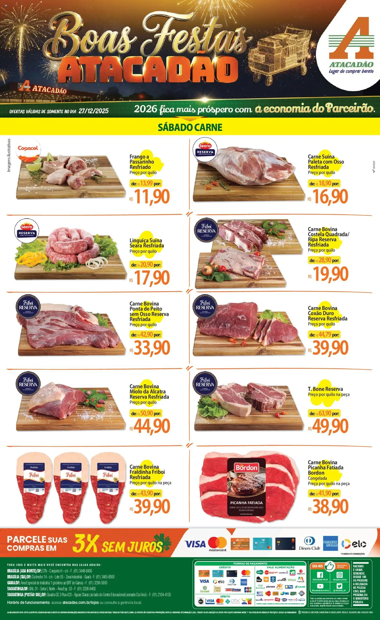 Pré-Visualização do folheto "Ofertas - DF" da loja Atacadão válido a partir de 27/12/2025 - Picanha, Carne, Boné, Fraldinha, Linguiça, Alcatra, Carne bovina, Lápis