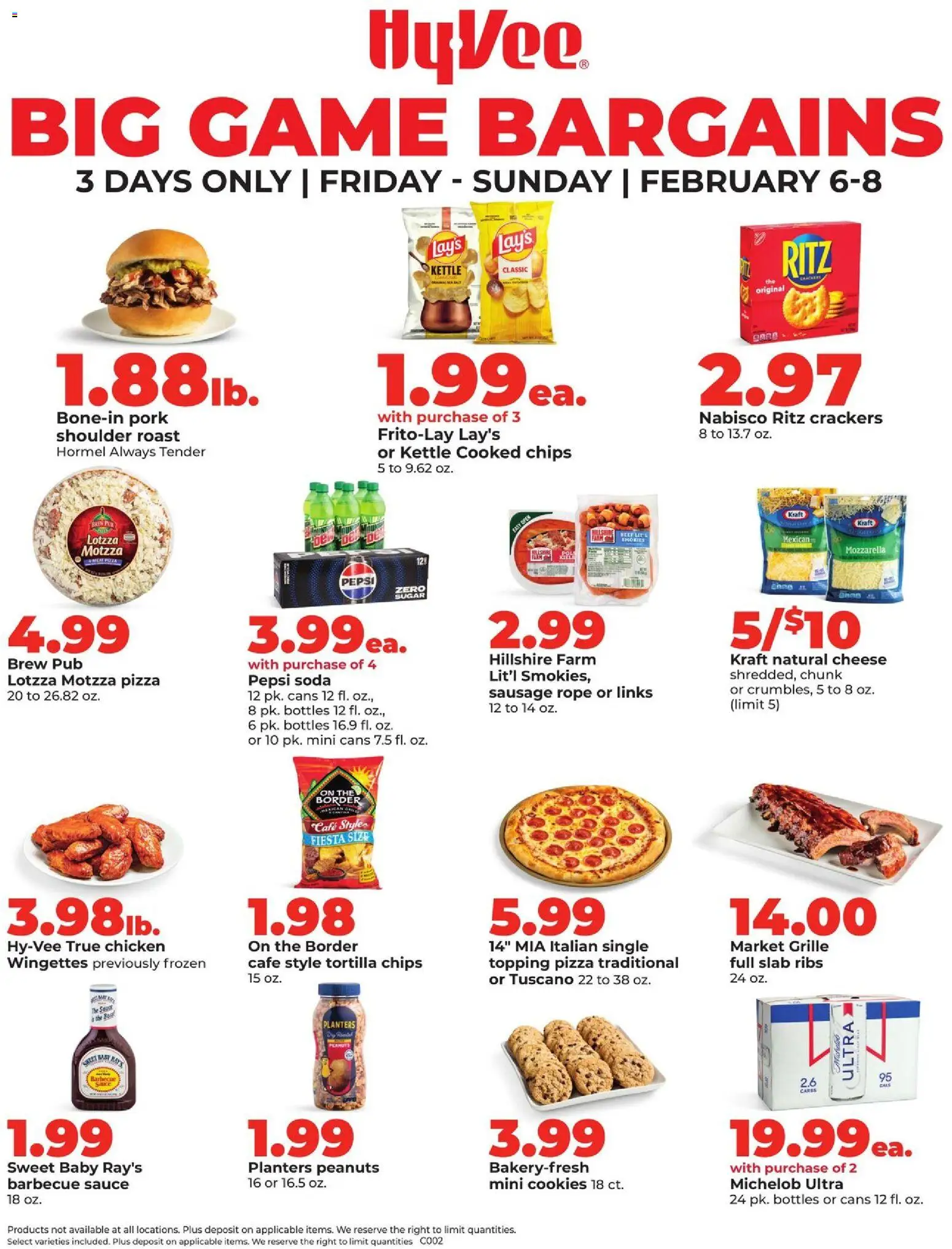 Ad Preview of HyVee Special Sales from 02/06/2026 - Cookies, Pepsi, Peanuts, Crackers, Pork, Mozzarella, Sauce, Barbecue sauce