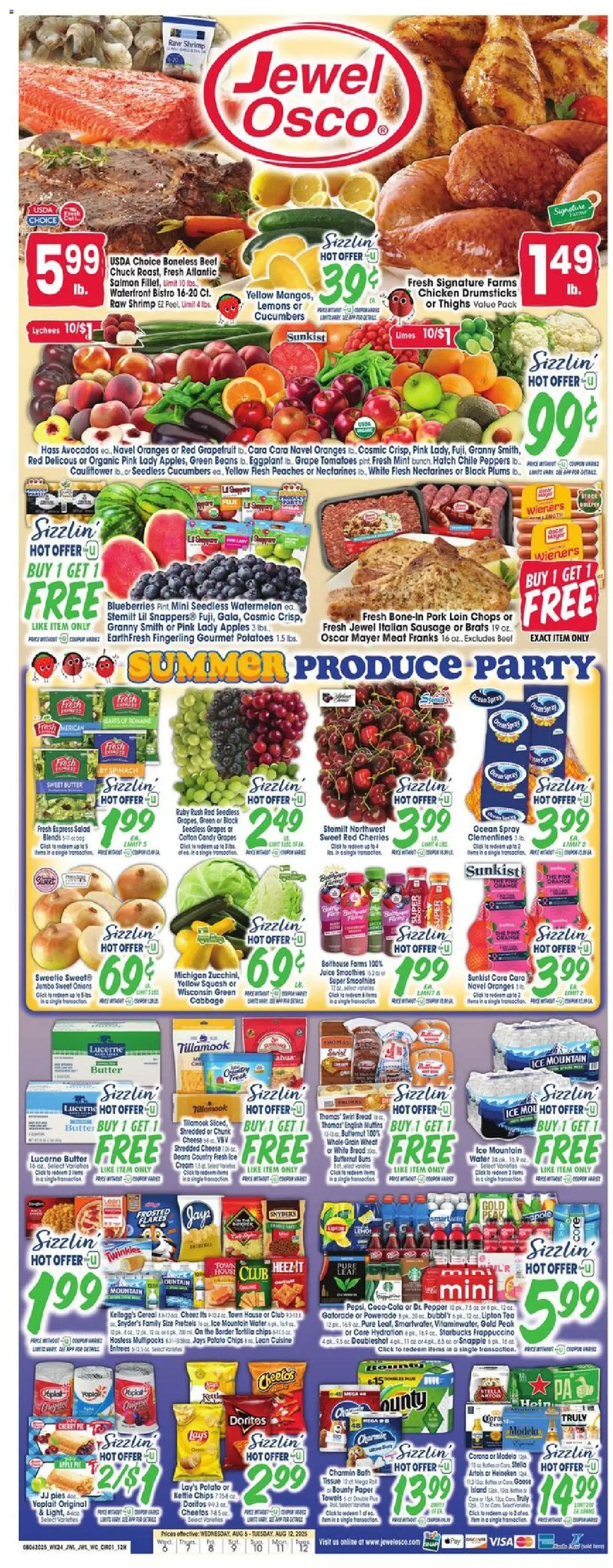 Jewel Osco Weekly Ad from 08/06/2025 - Flyer - Page number 1 - Chips, Watermelon, Blueberries, Cereal, Butter, Grapefruit, Nectarines, Kettle