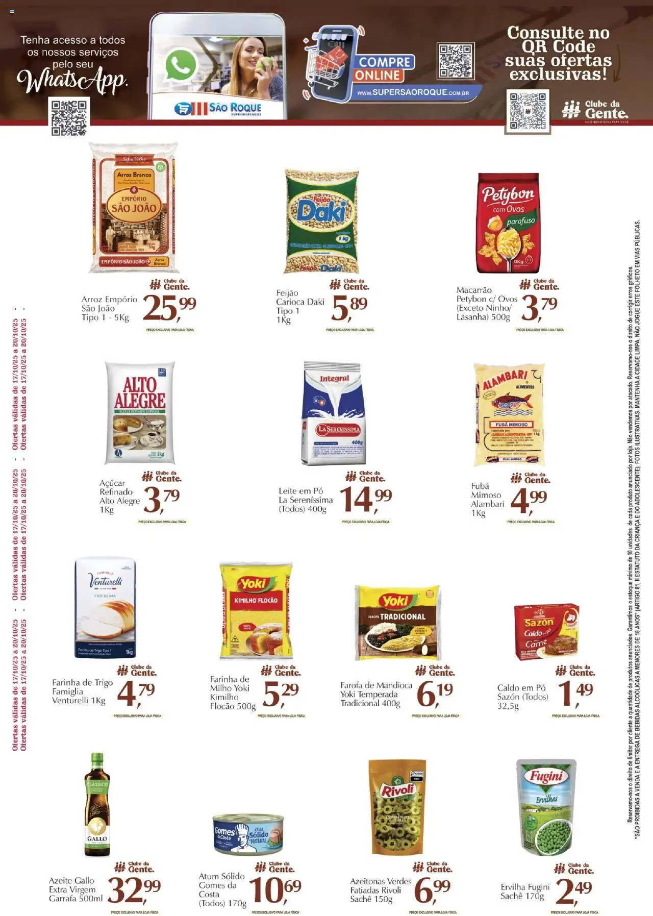 São Roque Supermercados folheto "Ofertas da semana" válido a partir de 17/10/2025 - número de página 1 - Macarrão, Feijão, Leite, Azeite, Mandioca, Farofa, Fubá, Pó