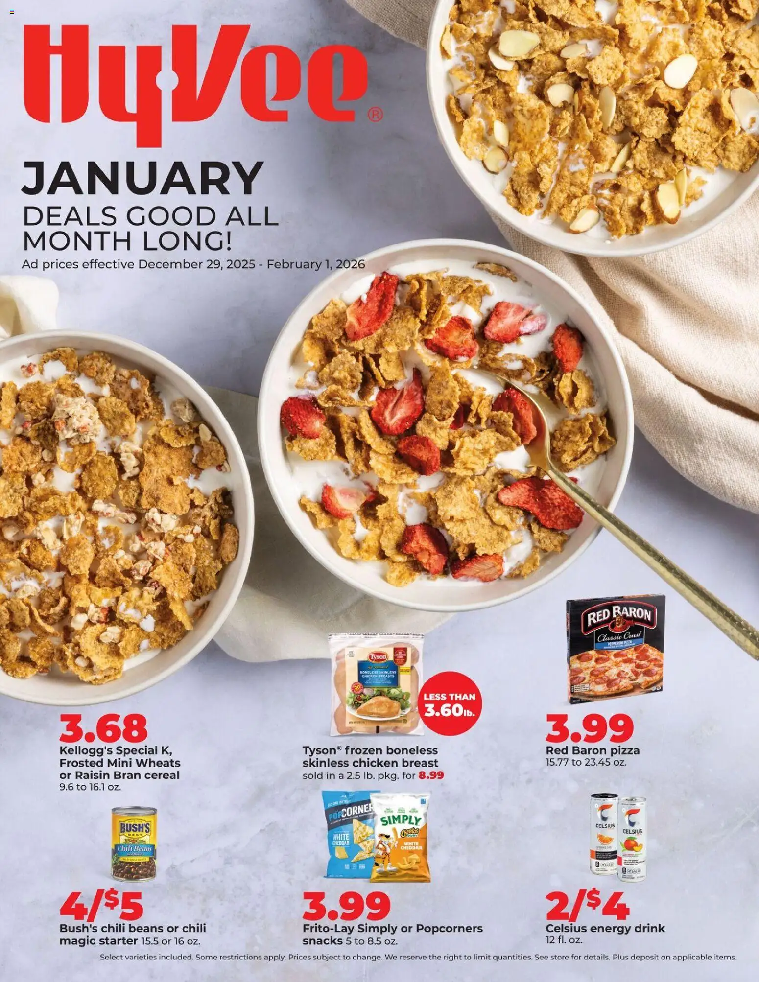 Ad Preview of HyVee January Deals from 12/29/2025 - Pizza, Chili, Snacks, Cereal, Energy drink, Beans, Starter, Chicken
