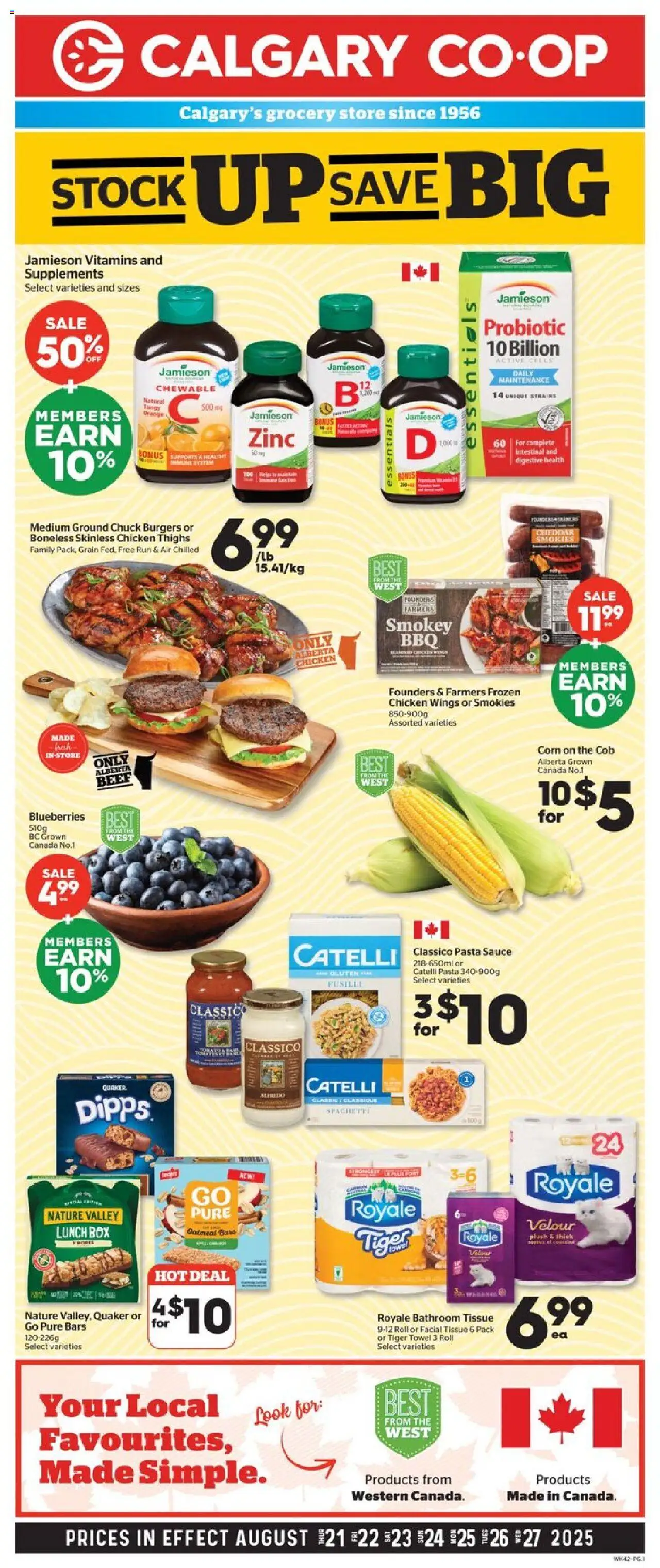 Calgary Co-op flyer valid from Aug 21, 2025 - page number 1 - Burgers, Chicken, Pasta, Chicken wings, Spaghetti, Corn, Lunch box, Frozen chicken
