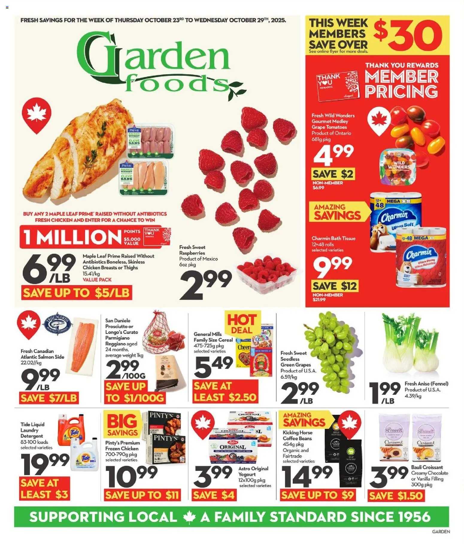 Longo's flyer valid from Oct 23, 2025 - page number 1 - Salmon, Prosciutto, Tomatoes, Beans, Vanilla, Bath, Grapes, Coffee beans