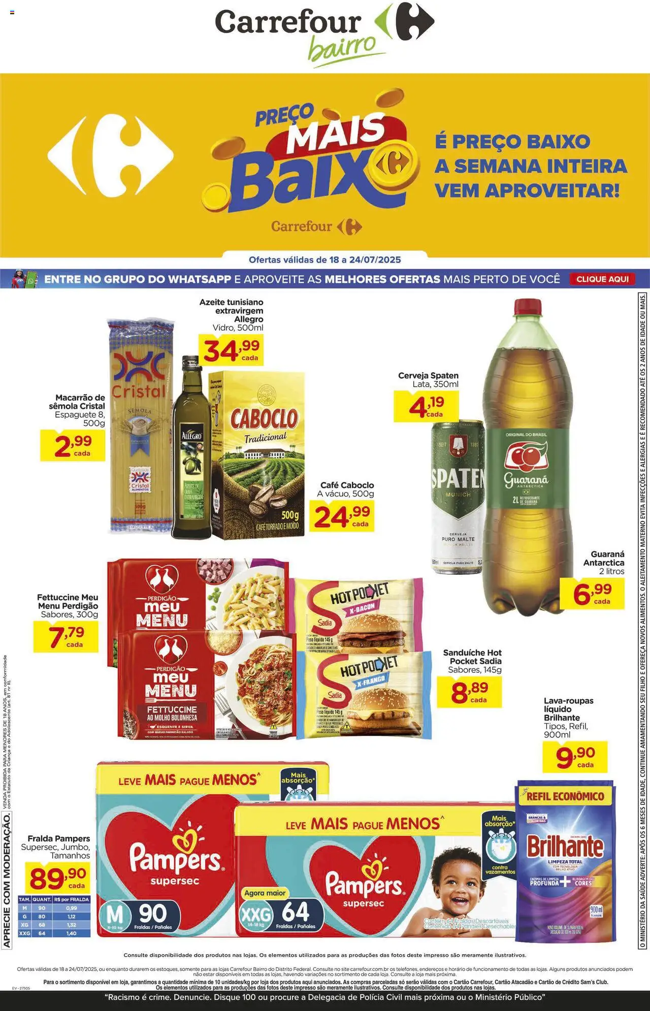 Carrefour Bairro folheto "Ofertas da semana" válido a partir de 18/07/2025 - número de página 1 - Café, Cerveja, Fraldas, Pampers, Baixo, Guaraná, Parmesão, Macarrão de sêmola