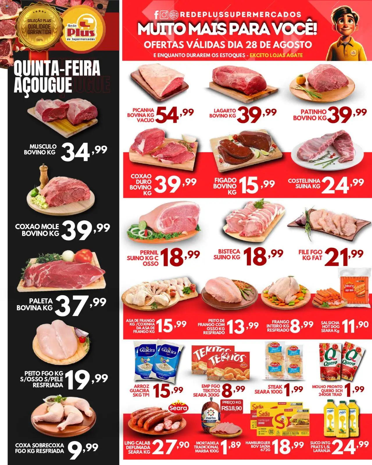 Rede Plus Supermercados folheto "Ofertas da semana" válido a partir de 28/08/2025 - número de página 1 - Salsicha, Suco, Fígado, Steak, Coxão duro, Asa de frango, Pernil suíno, Coxão mole