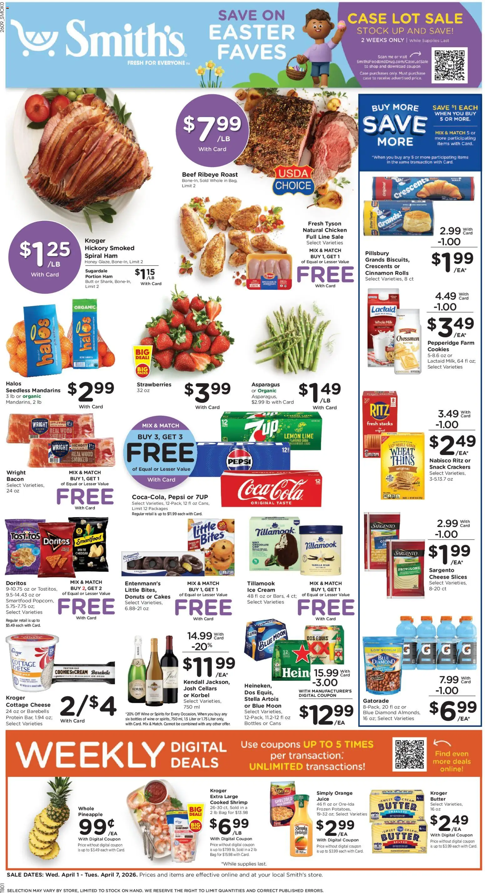 Ad Preview of Smith's Smith's Weekly Ad - WY from 04/01/2026 - Cookies, Cheese, Shrimp, Milk, Pepsi, Beef, Case, Whole milk