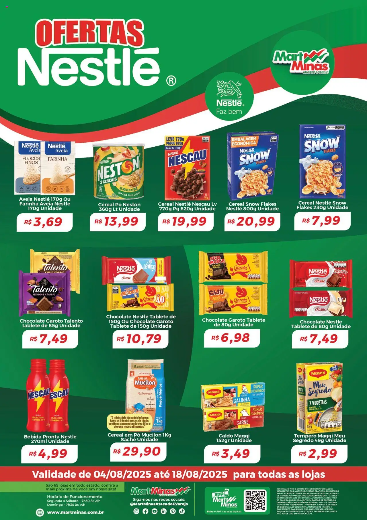 Mart Minas folheto "Ofertas Nestlé" válido a partir de 04/08/2025 - número de página 1 - Chocolate, Amendoim, Bebida, Carne, Aveia, Pó, Cereais, Flocos