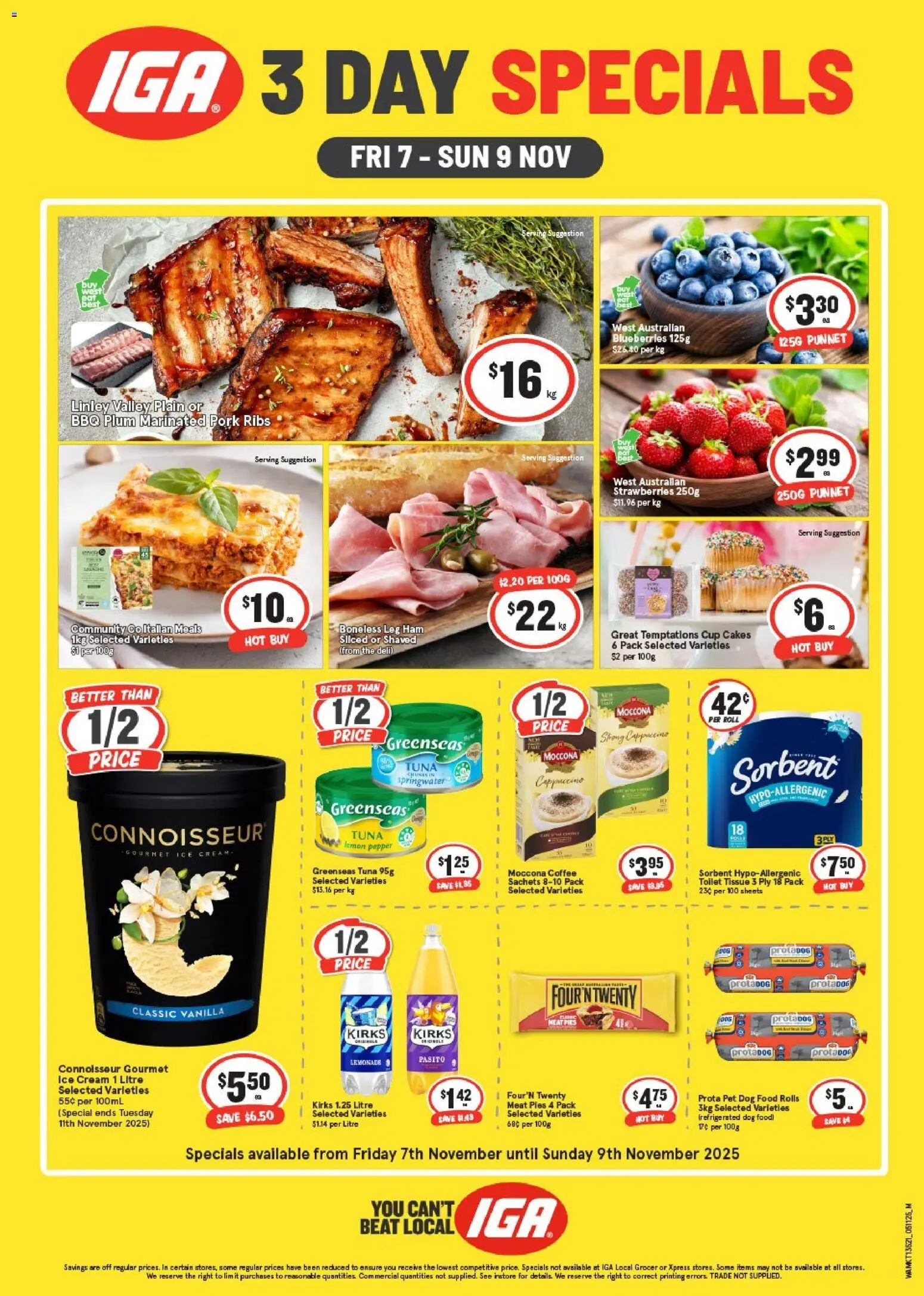 Preview of catalogue Weekend Specials - WA from shop IGA valid 07/11/2025 - Toilet, Ham, Meat, Sachets, Tuna, Blueberries, Pies, Lemonade