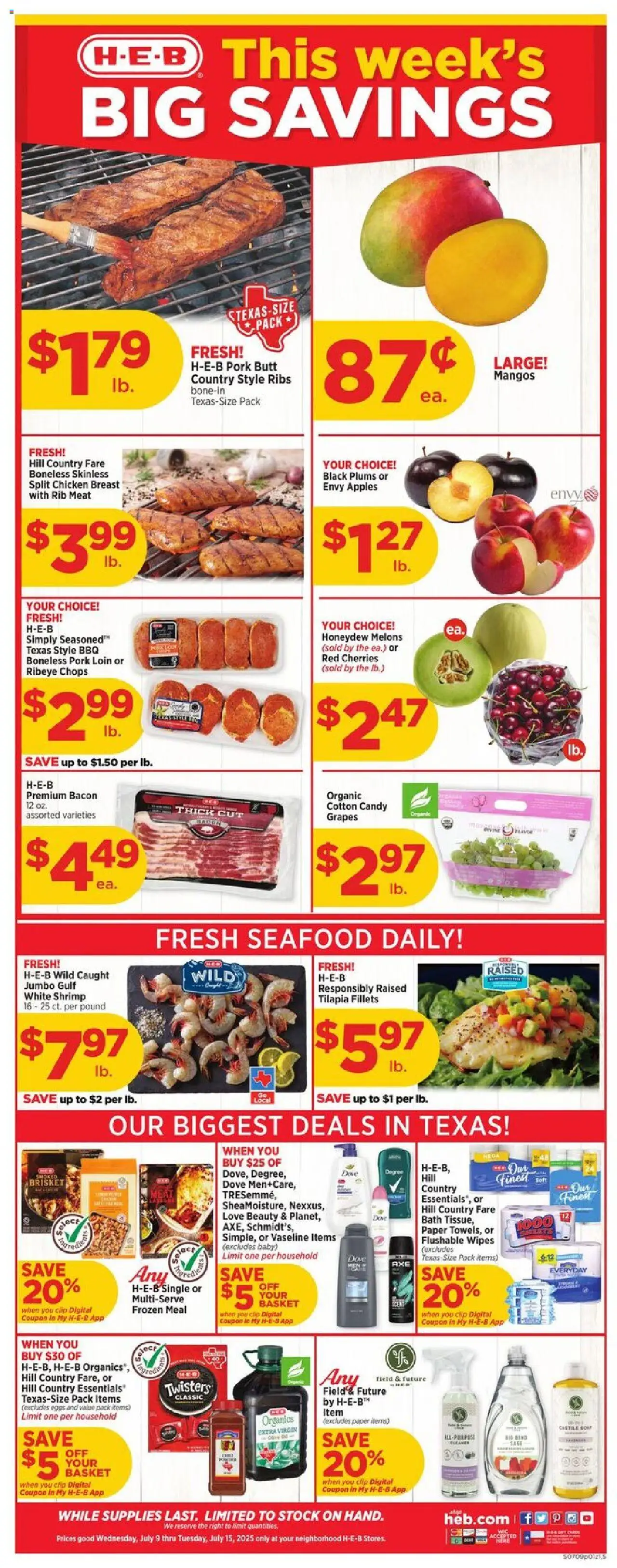 H-E-B Weekly Ad from 07/09/2025 - Flyer - Page number 1 - Clip, Plums, Bath, Basket, Meat, Apples, Seafood, Grapes