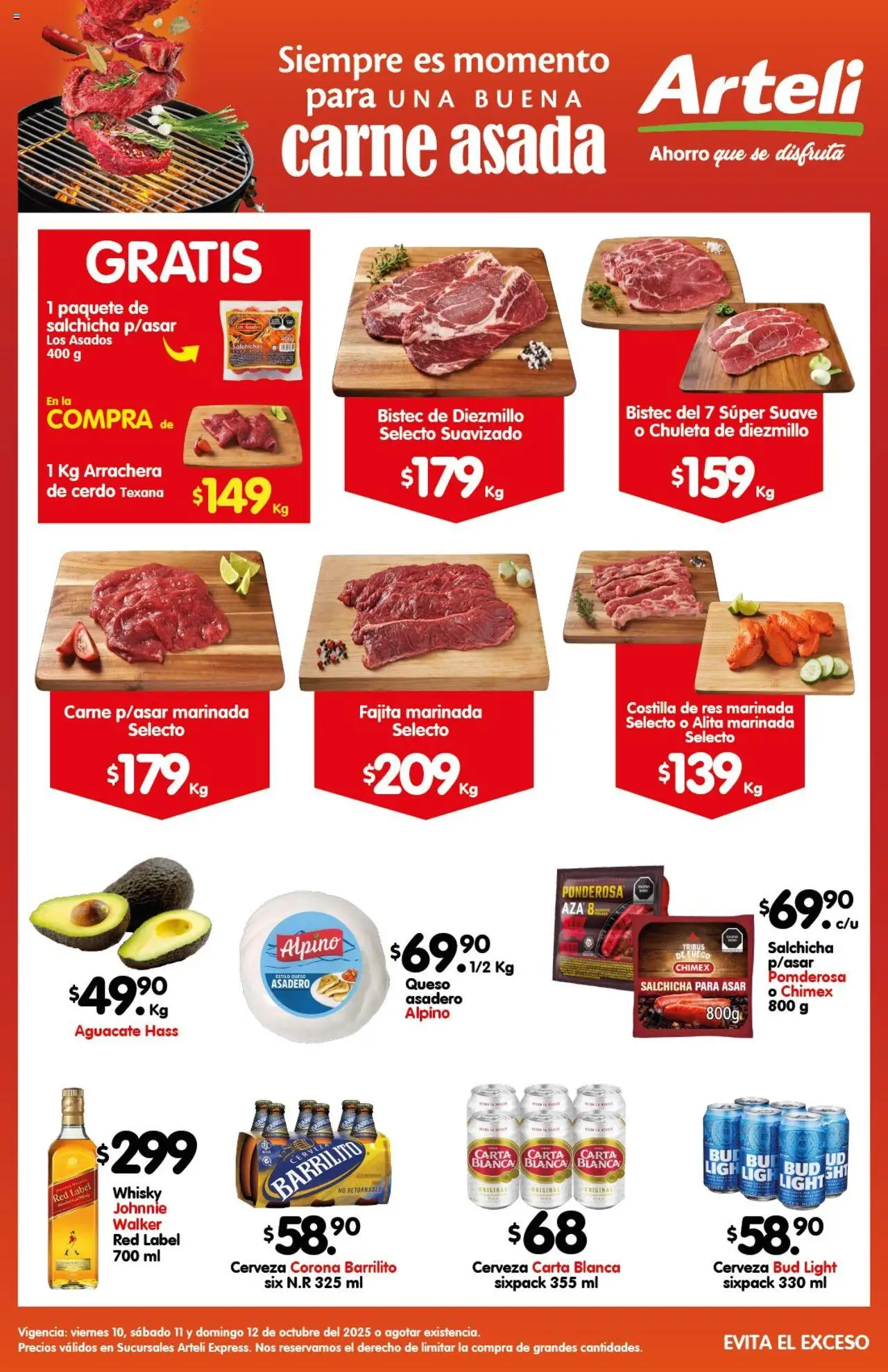 Folleto Express Carnes & Cortes Arteli y sus promociones válidas desde el 10/10/2025 - Número de página 1 - Cerveza, Aguacate, Queso, Carne, Cerdo, Bistec, Res, Chuleta