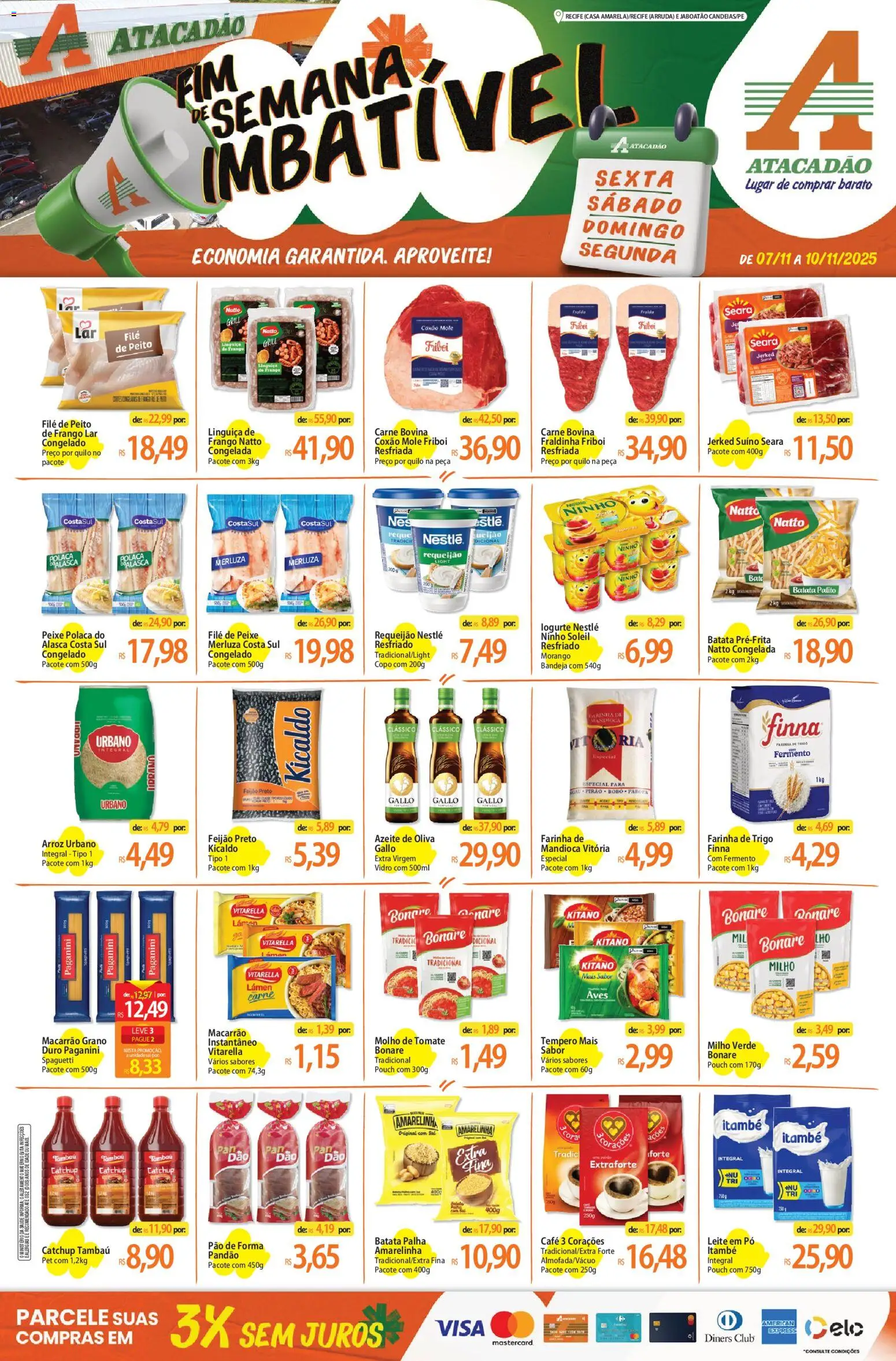 Pré-Visualização do folheto "Ofertas - PE" da loja Atacadão válido a partir de 07/11/2025 - Café, Arroz, Carne, Azeite, Azeite de oliva, Requeijão, Molho de tomate, Carne bovina