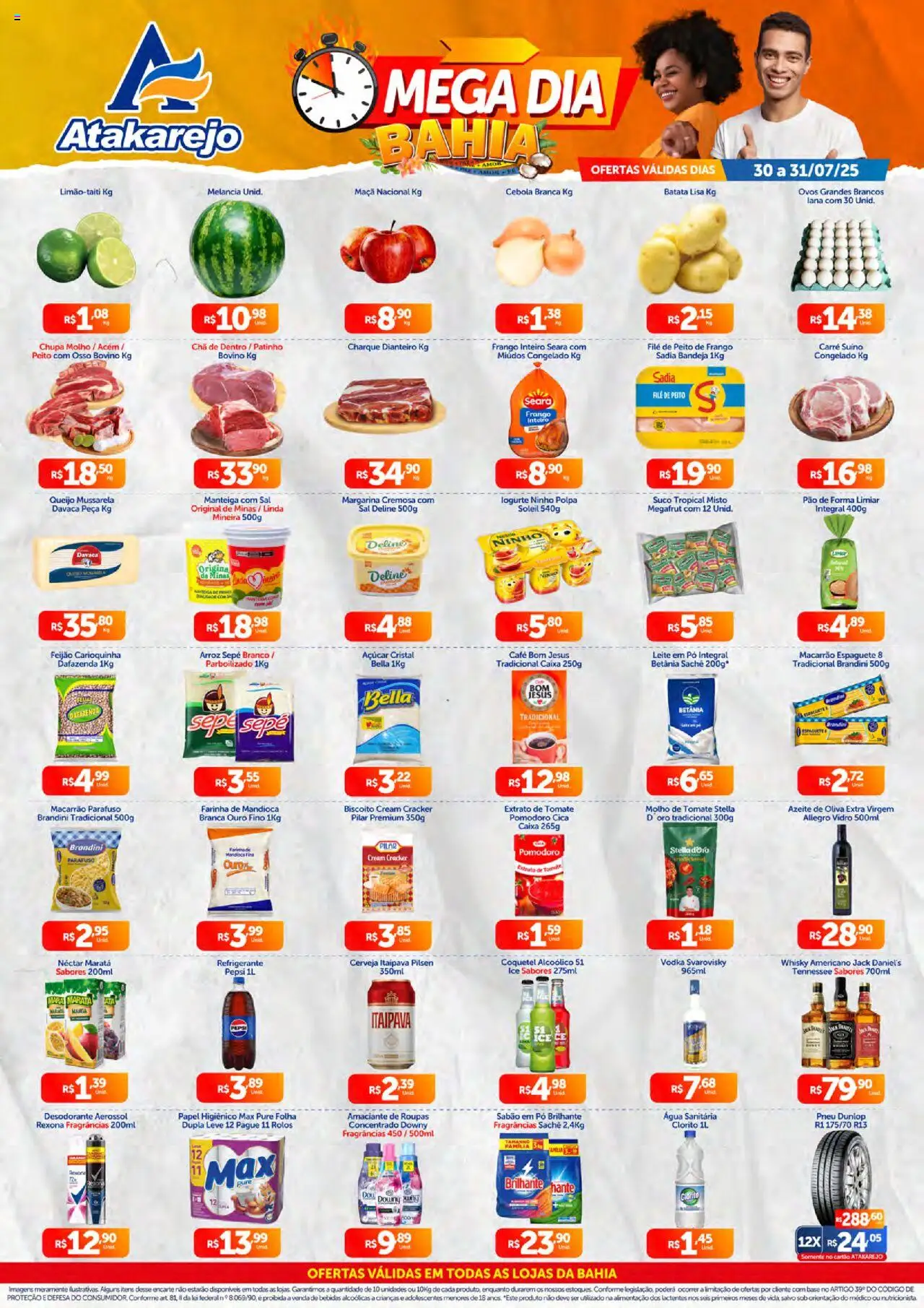 Atakarejo folheto "Encarte Mega Dia" válido a partir de 30/07/2025 - número de página 1 - Caixa, Melancia, Biscoito, Batata, Azeite, Suco, Sabão em pó, Espaguete