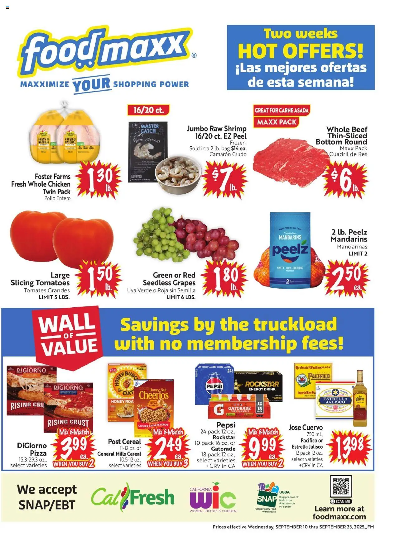 FoodMaxx Weekly Ad - NV from 09/10/2025 - Flyer - Page number 1 - Pizza, Beer, Shrimp, Tomatoes, Beef, Mandarins, Whole chicken, Seedless grapes