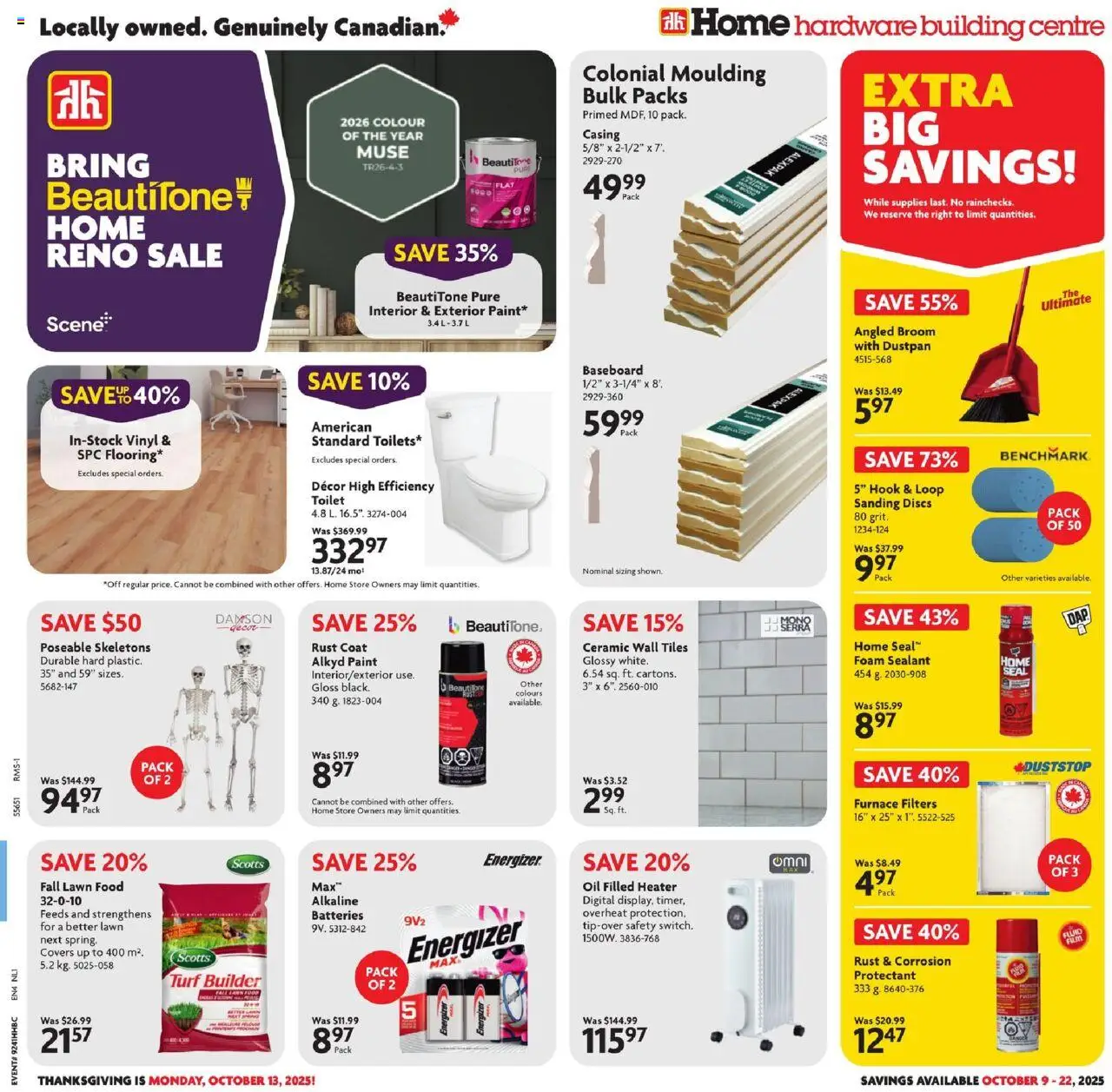 Preview of leaflet Weekly flyer / circulaire from shop Home Hardware is valid from Oct 09, 2025 - Food, Tiles, Batteries, Oil, Coat, Foam