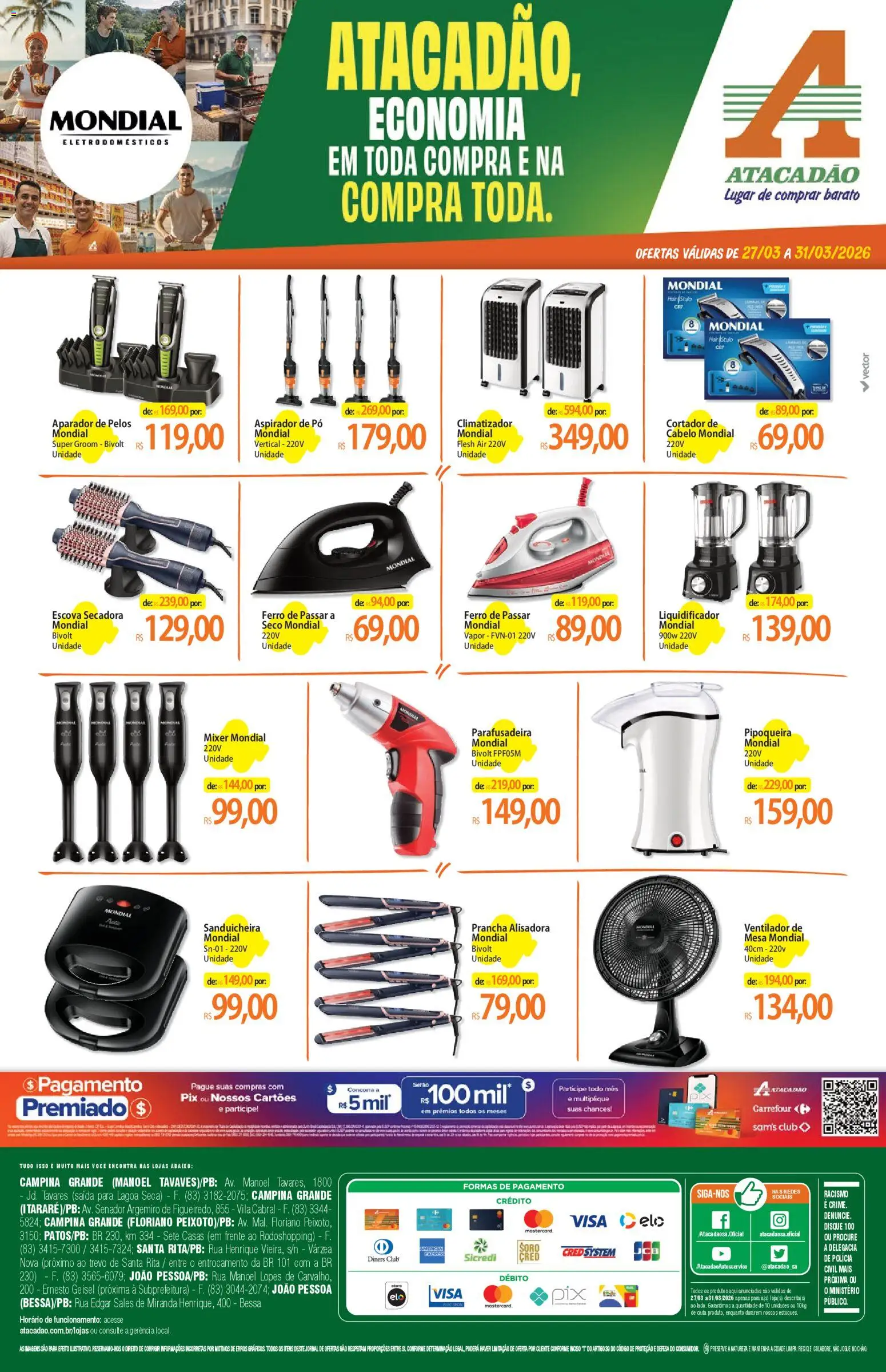 Pré-Visualização do folheto "Atacadão ofertas - PB" da loja Atacadão válido a partir de 27/03/2026 - Aspirador de pó, Aparador, Ferro de passar, Eletrodomésticos, Pó, Escova, Aparador de pelos, Cortador
