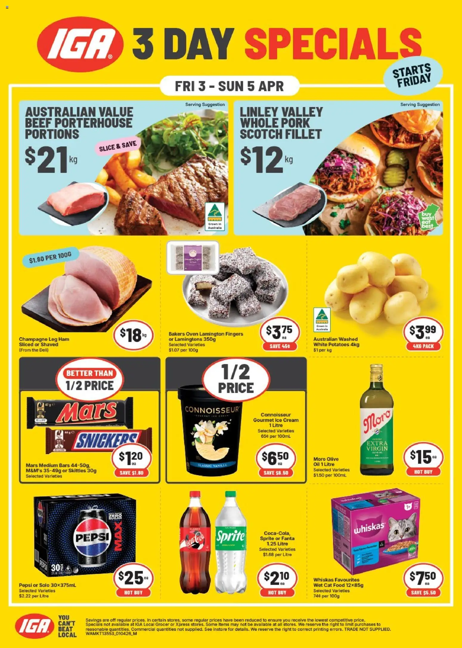 Preview of catalogue IGA Weekend Specials WA from shop IGA valid 03/04/2026 - Ham, Pork, Cream, Ice, Lamingtons, Fillet, Oven, Vanilla