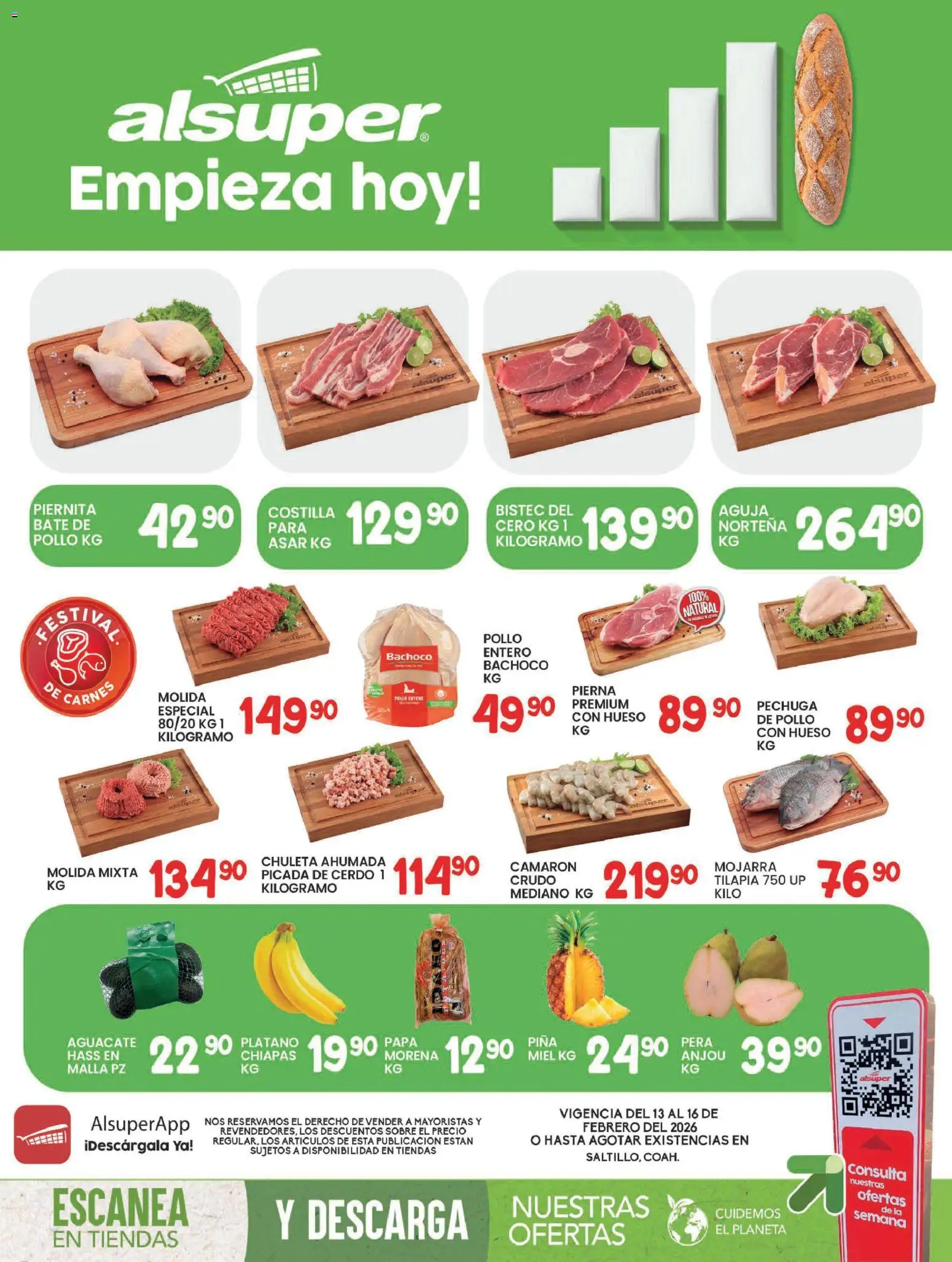 Vista previa las ofertas de la tienda Alsuper - Folleto Saltillo desde el 13/02/2026 - Pollo, Aguacate, Plátano, Pera, Miel, Chuleta ahumada, Chuleta, Malla