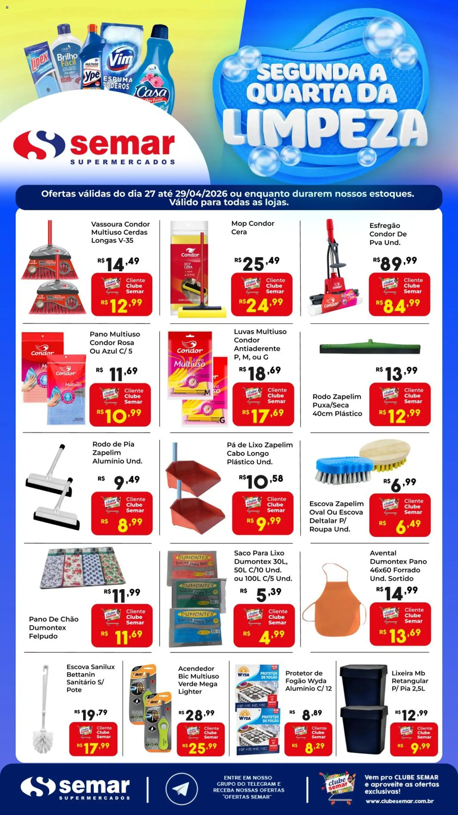 Pré-Visualização do folheto "Semar Supermercado ofertas da Limpeza" da loja Semar Supermercado válido a partir de 27/04/2026 - Perfume, Lixeira, Mop, Vassoura, Luvas, Avental, Cabo, Pá de lixo