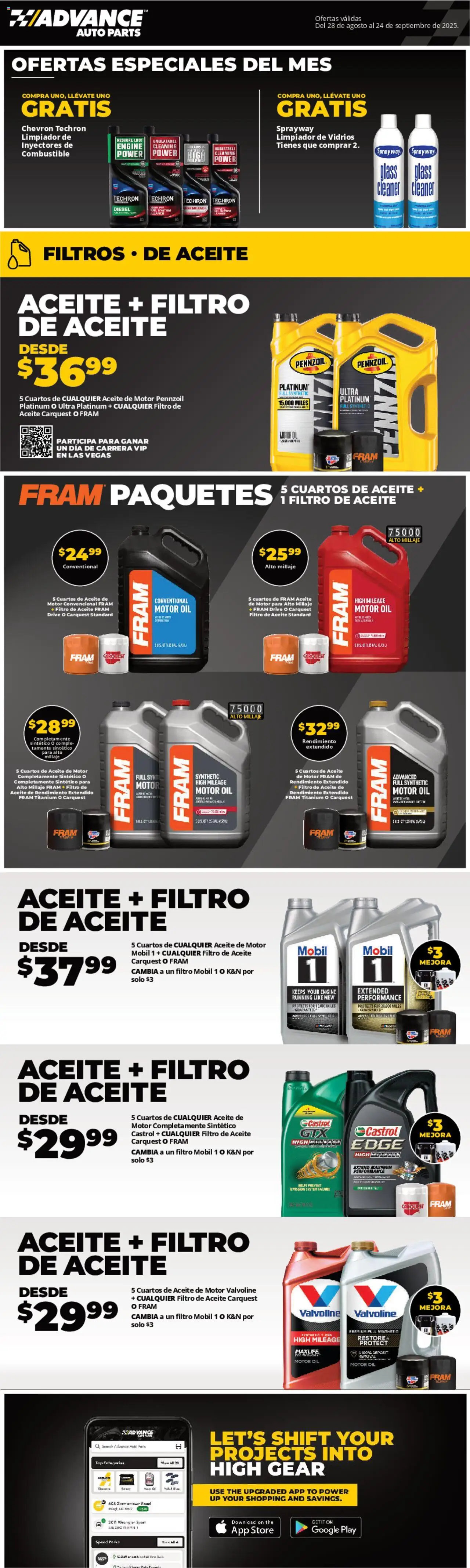 Advance Auto Parts Sales Ad - Spanish from 08/28/2025 - Flyer - Page number 1 - Oil, Motor Oil
