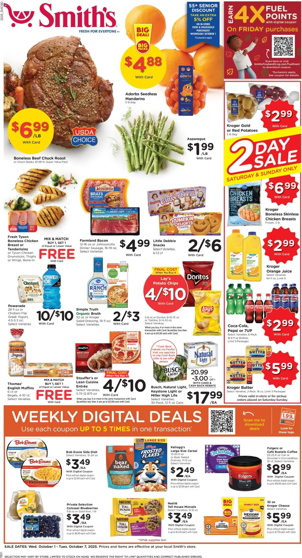 Smith's Weekly Ad - ID from 10/01/2025 - Flyer - Page number 1 - Pizza, Coffee, Pumpkin, Milk, Blueberries, Meat, Orange juice, Chicken