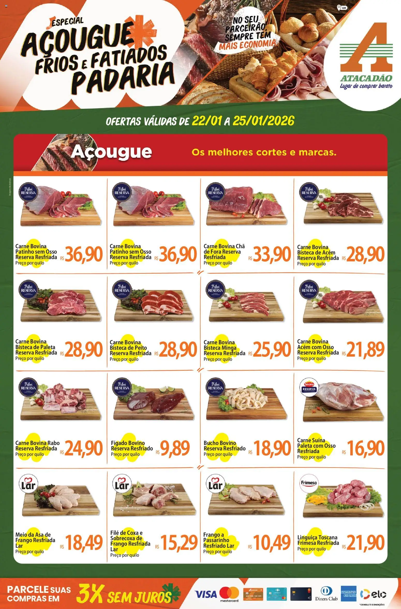 Pré-Visualização do folheto "Ofertas - AM" da loja Atacadão válido a partir de 22/01/2026 - Carne, Frango, Chá, Fígado, Linguiça, Carne bovina, Acém