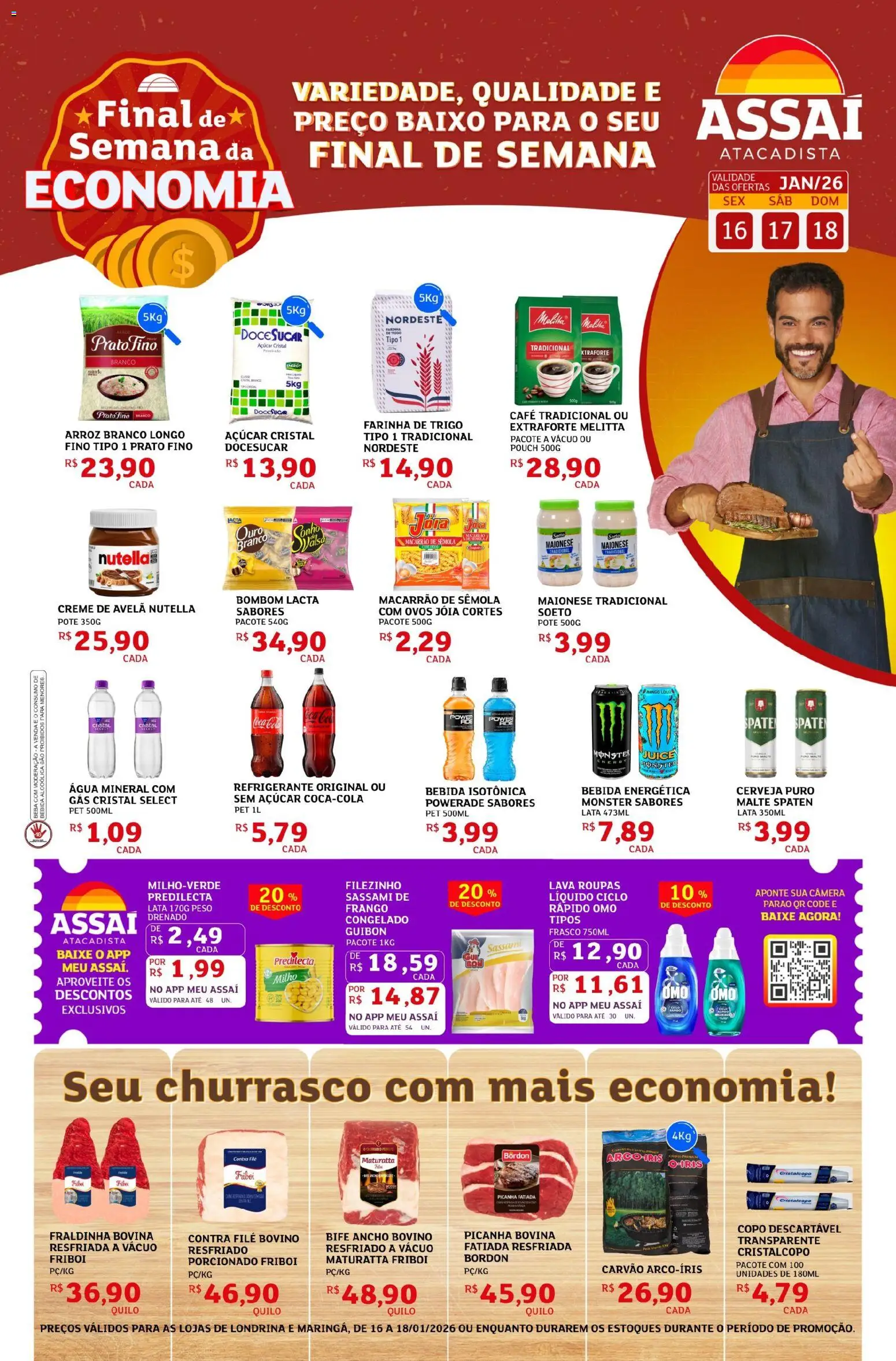Pré-Visualização do folheto "Encarte - PR" da loja Assaí Atacadista válido a partir de 16/01/2026 - Monster, Ovos, Açúcar, Creme, Bombom, Água mineral, Açúcar cristal, Macarrão de sêmola