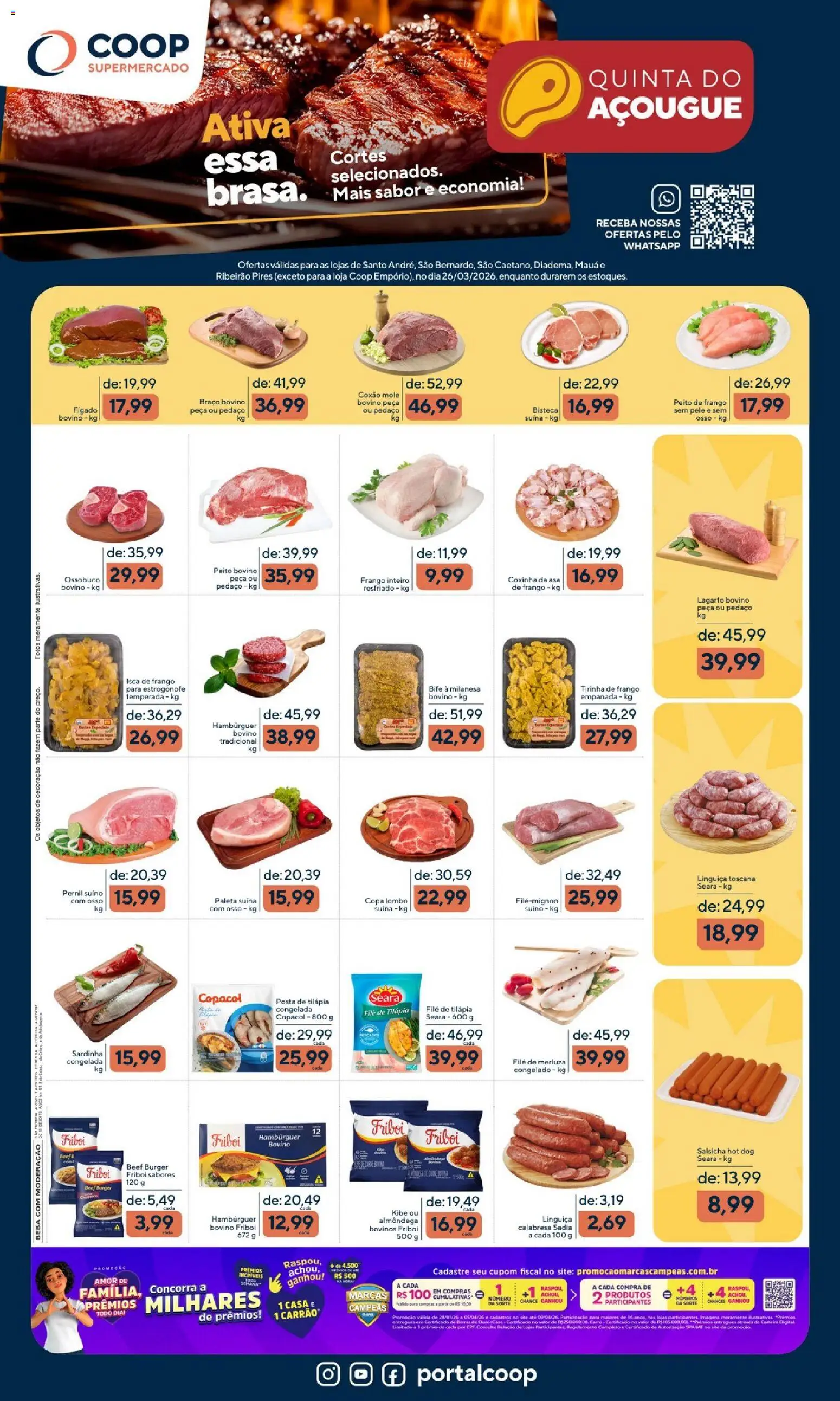 Pré-Visualização do folheto "Coop ofertas Quinta do Açougue" da loja Coop válido a partir de 26/03/2026 - Decoração, Salsicha, Frango, Linguiça, Lombo, Tilápia, Pernil suíno, Coxão mole