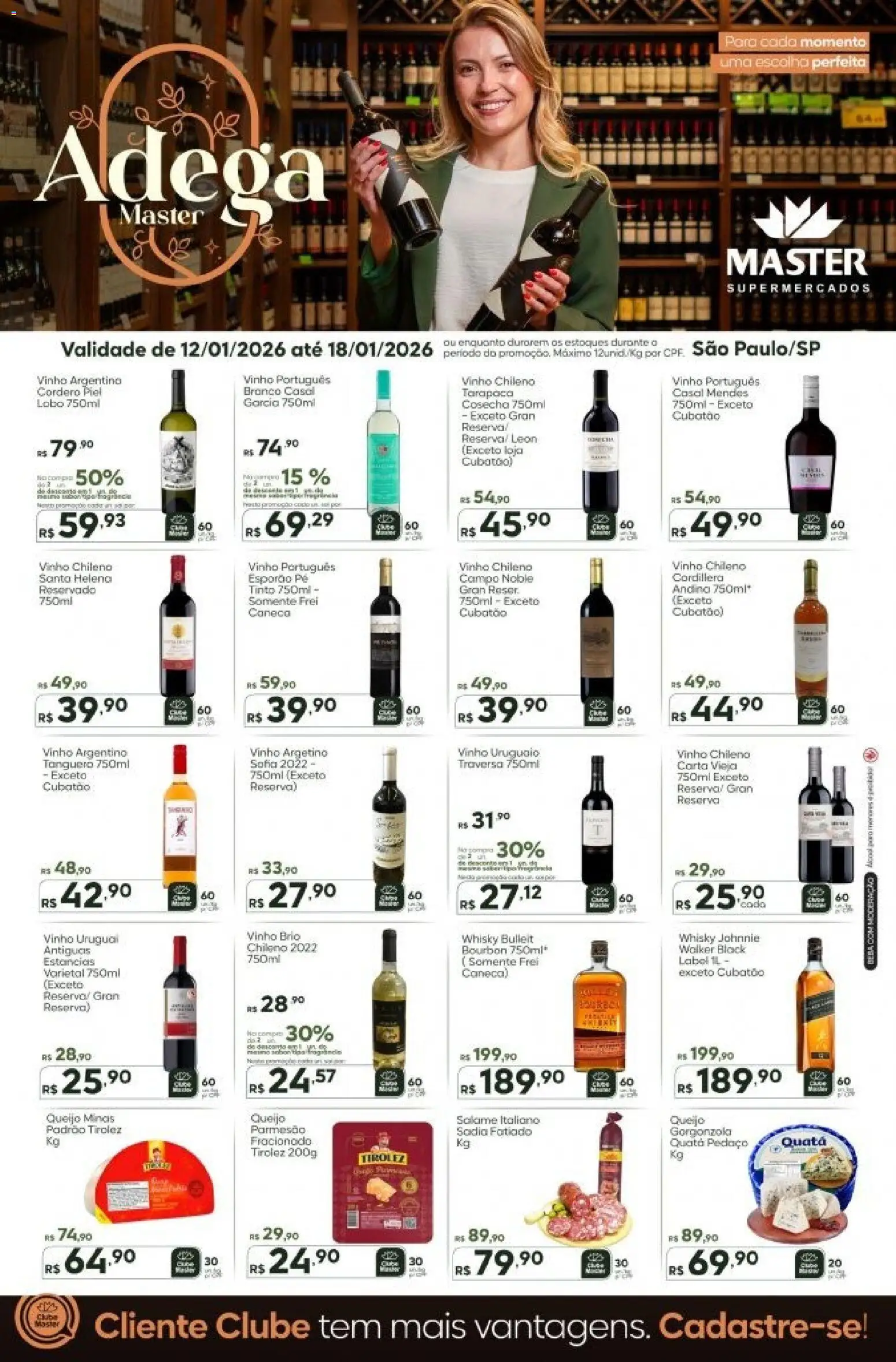 Pré-Visualização do folheto "Ofertas Adega" da loja Master válido a partir de 12/01/2026 - Whisky, Vinho, Queijo, Caneca, Bourbon, Salame, Queijo parmesão, Parmesão