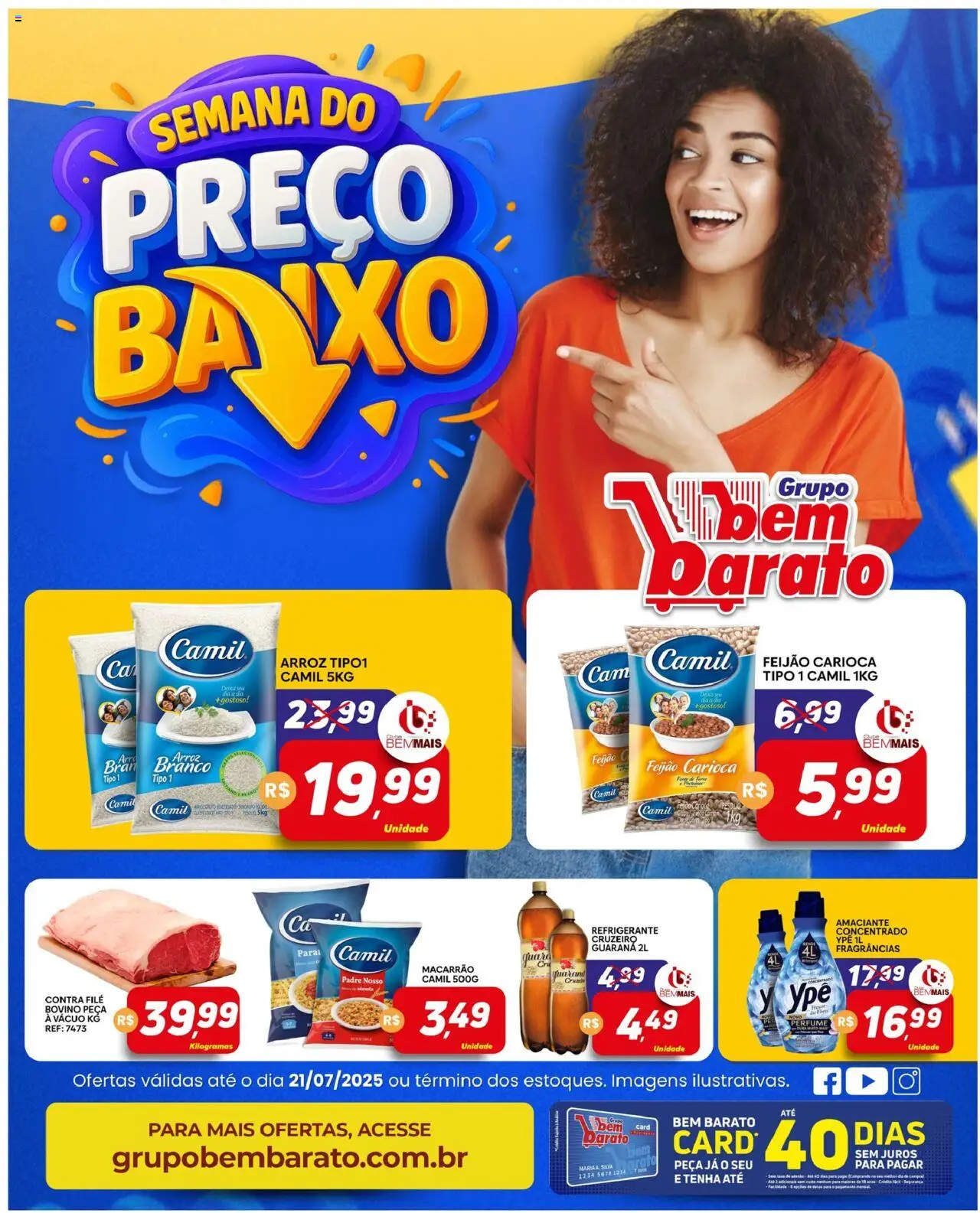 Supermercado Bem Barato folheto "Ofertas da semana" válido a partir de 15/07/2025 - número de página 1 - Feijão, Perfume, Guaraná, Contra filé, Arroz, Macarrão, Refrigerante, Amaciante
