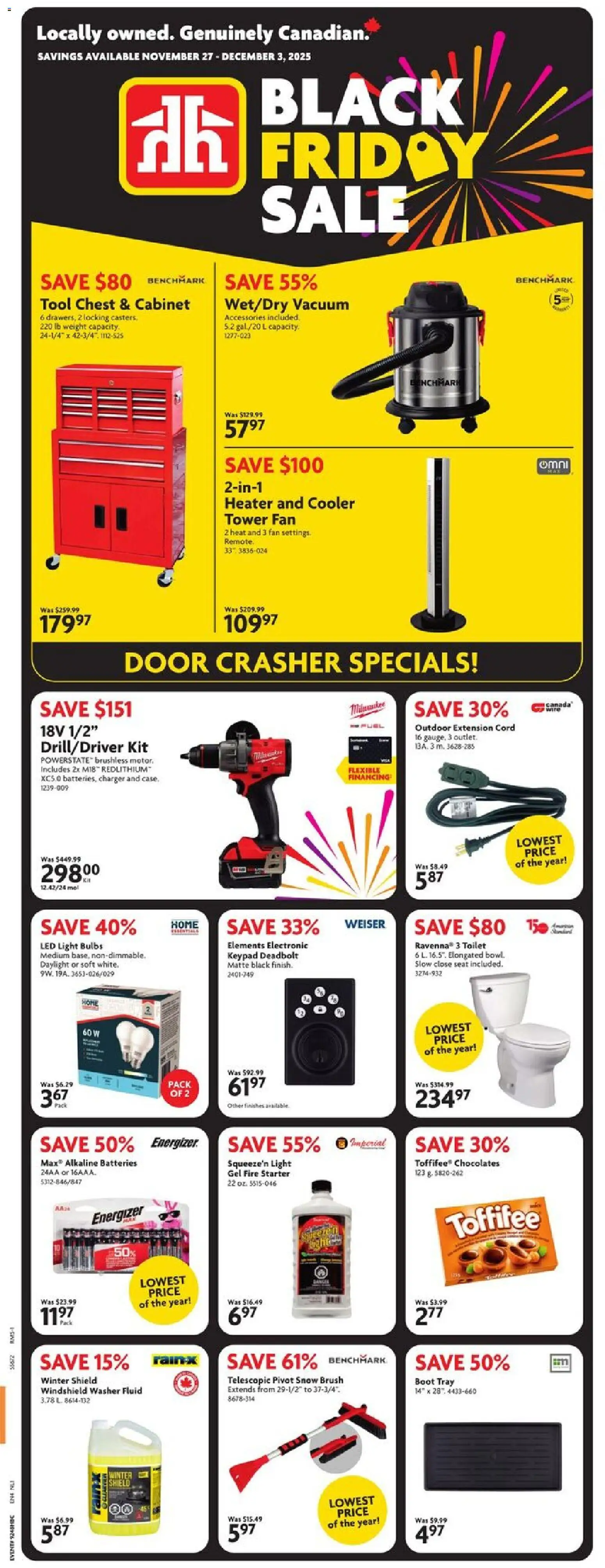 Preview of leaflet Weekly Flyer - NL from shop Home Hardware is valid from Nov 27, 2025 - Fan, Batteries, Cabinet, Door, LED light, Light bulbs, Case, Brush