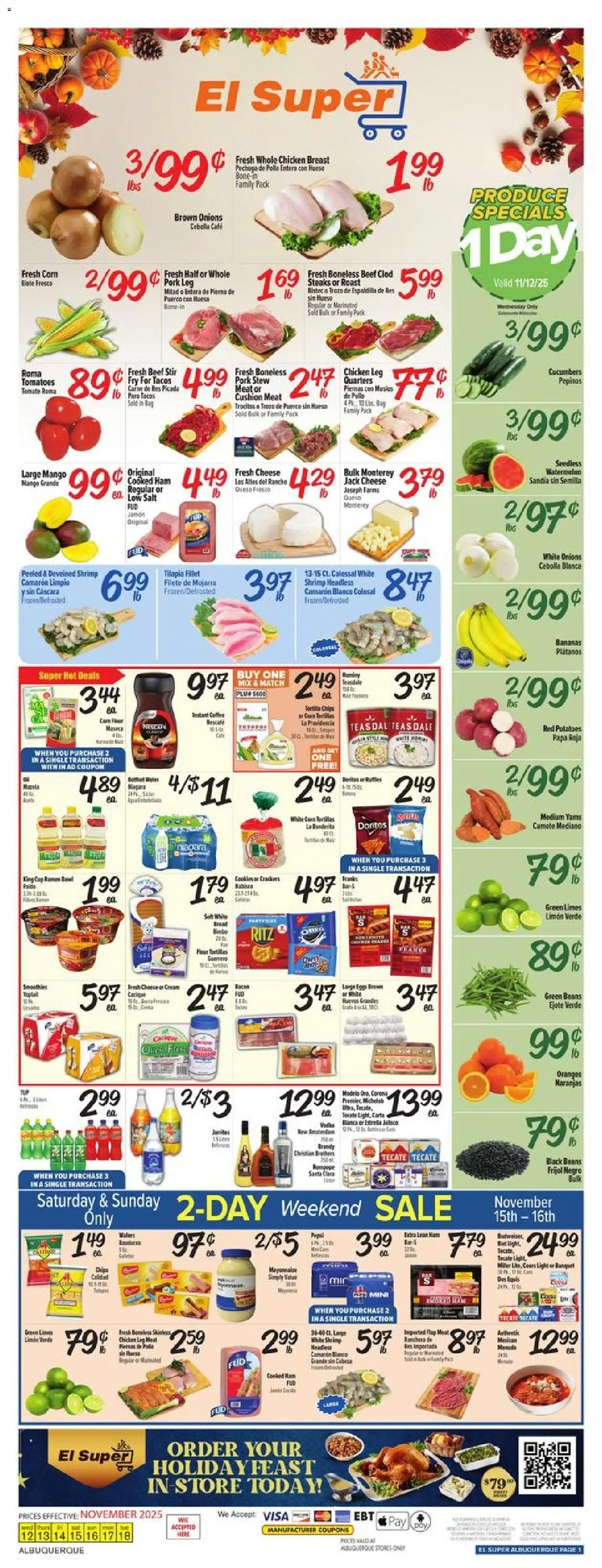 Ad Preview of El Super Weekly Ad - NM from 11/12/2025 - Mango, Watermelon, Tomatoes, Pepsi, Beans, Beef, Pork leg, Beef clod