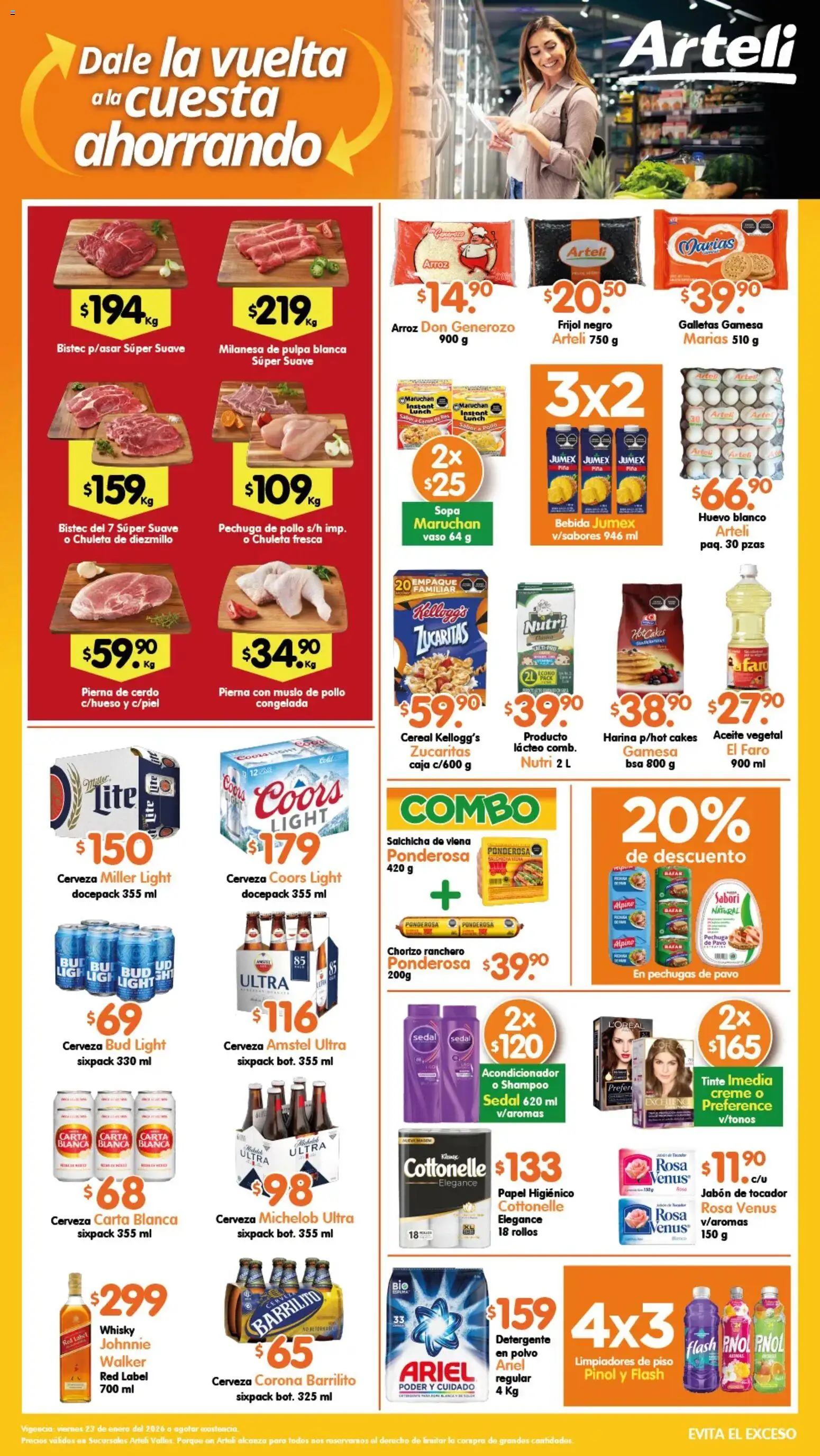 Vista previa las ofertas de la tienda Arteli - Folleto Valles desde el 23/01/2026 - Galletas, Aceite, Bistec, Milanesa, Chorizo, Acondicionador, Chuleta, Carne de res