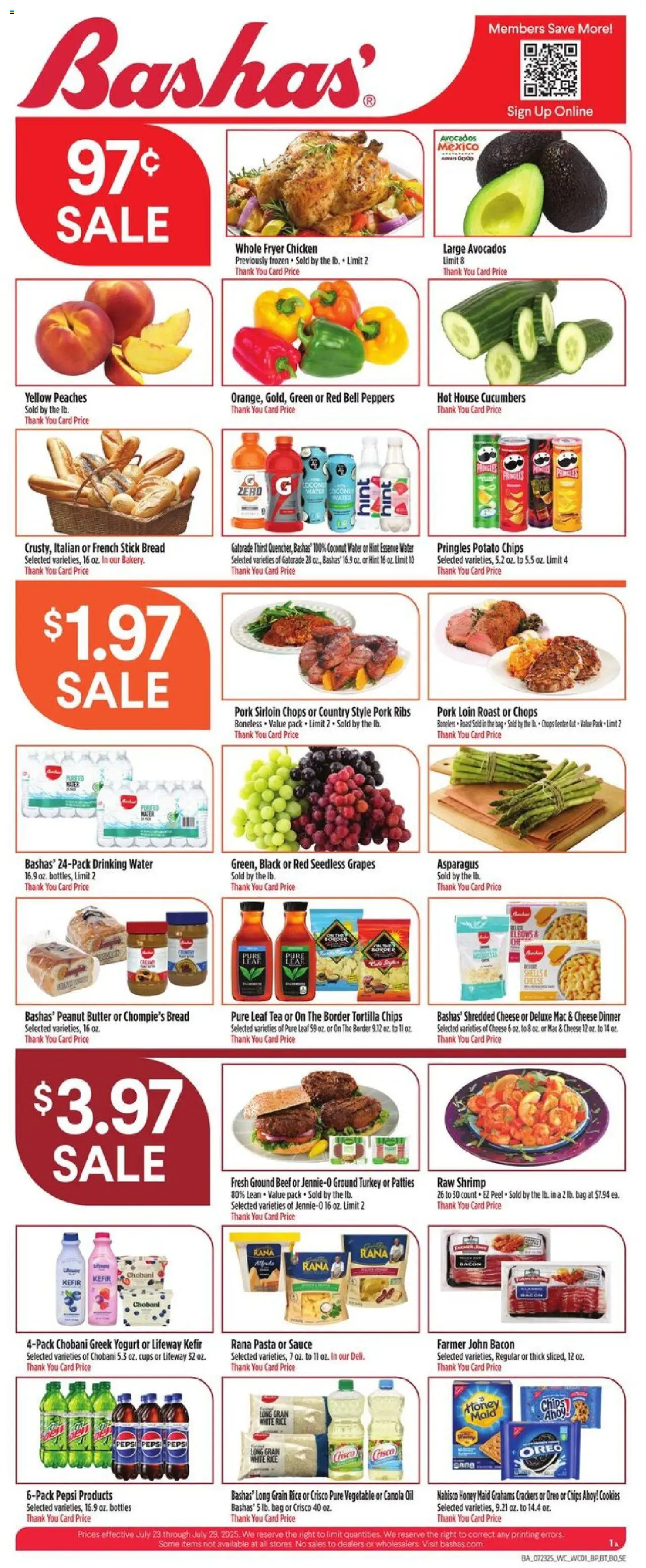 Basha's Weekly Ad from 07/23/2025 - Flyer - Page number 1 - Pasta, Chips, Bread, Peaches, Greek yogurt, Coconut, Pork ribs, Fryer
