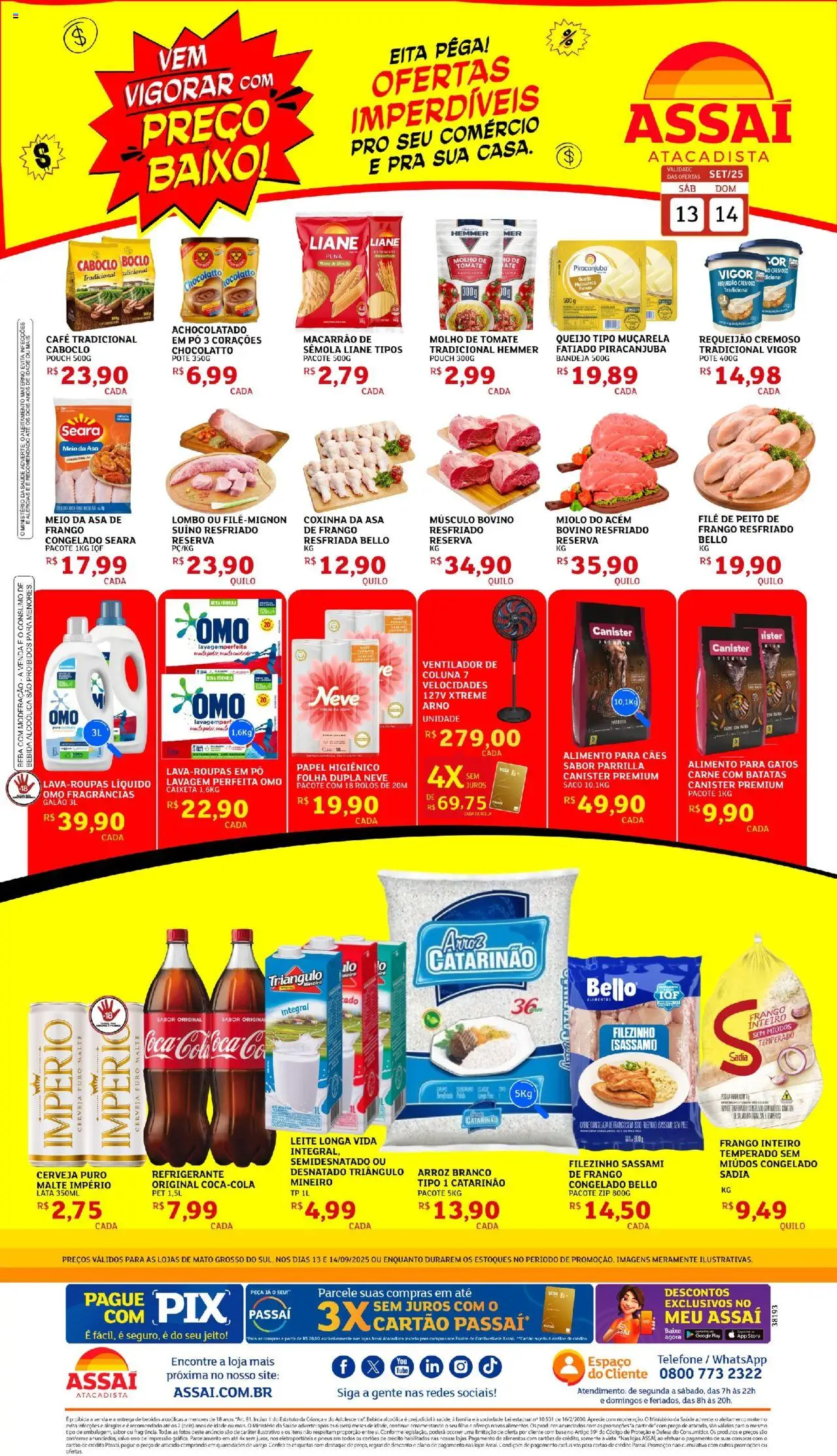 Assaí Atacadista folheto "Encarte - MS" válido a partir de 13/09/2025 - número de página 1 - Bebidas, Base, Queijo, Refrigerante, Molho de tomate, Disco, Lombo, Frango inteiro