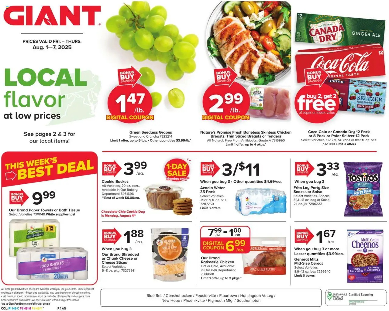 Giant Weekly Ad from 08/01/2025 - Flyer - Page number 1 - Bakery, Water, Box, Cheese, Cereal, Bath, Chocolate Chip, Chicken