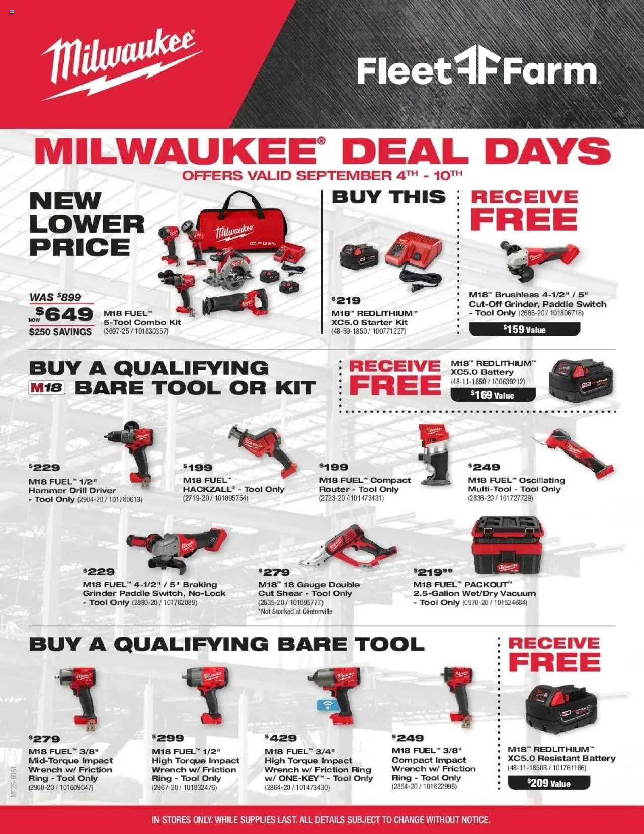Mills Fleet Farm Milwaukee from 09/04/2025 - Flyer - Page number 1 - Ring, Vacuum, Battery, Switch, Grinder, Wrench, Hammer, Starter