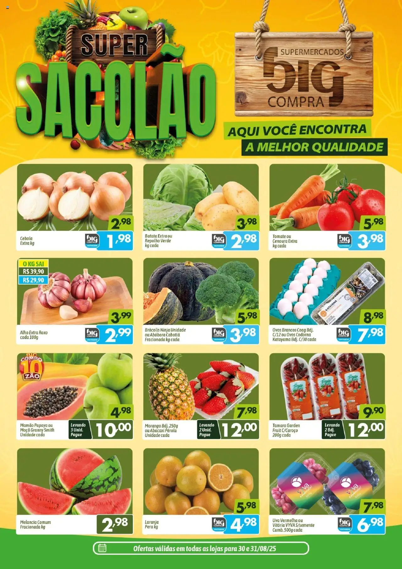 Big Compra folheto "Ofertas Super sacolão" válido a partir de 30/08/2025 - número de página 1 - Ovos, Brócolis, Abóbora, Pera, Tomate, Cenoura, Cebola, Alho