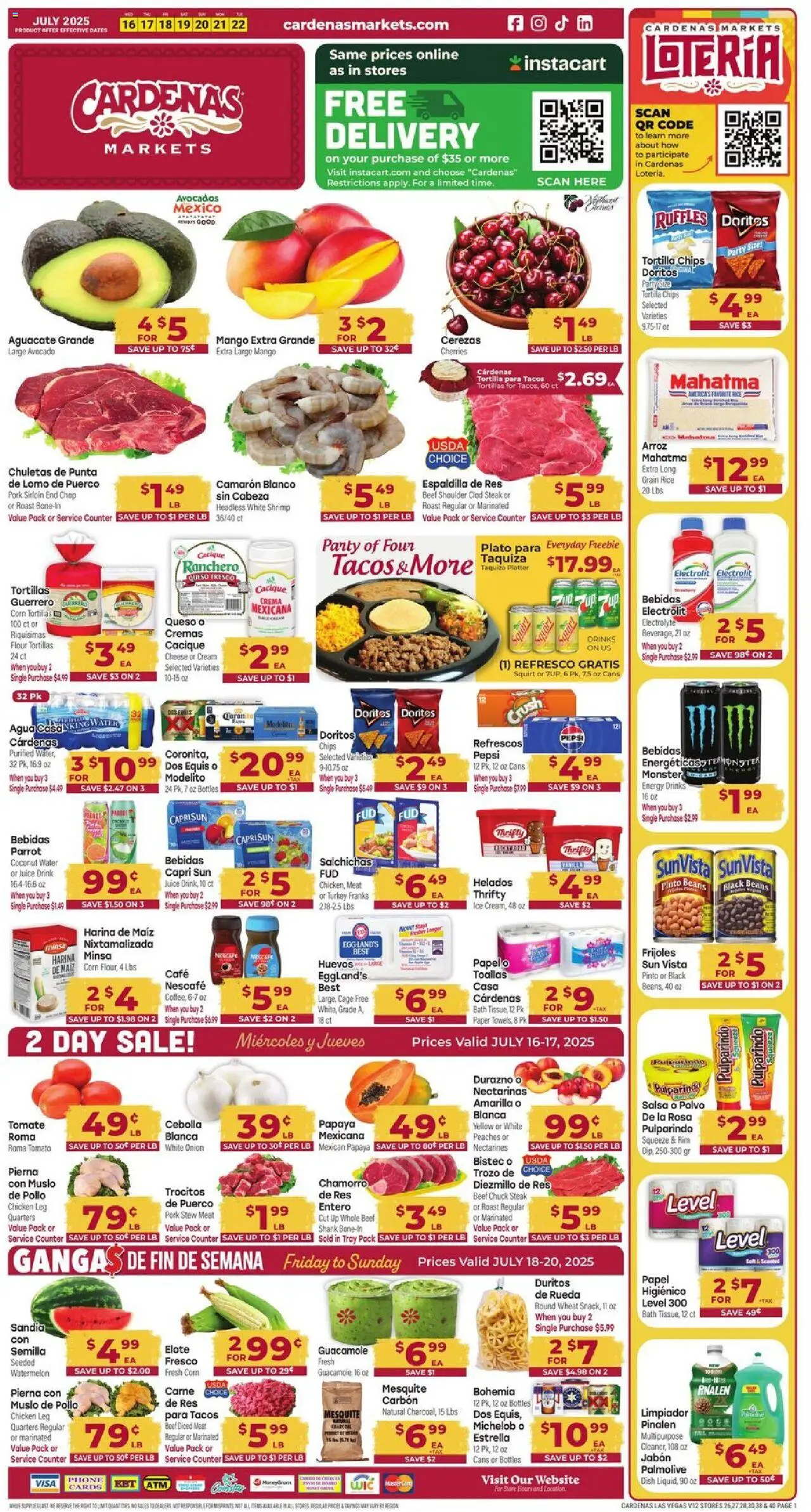 Cardenas Weekly Ad - NV from 07/16/2025 - Flyer - Page number 1 - Peaches, Tortilla chips, Tortillas, Tomato, Beef chuck, Beans, Steak, Pepsi