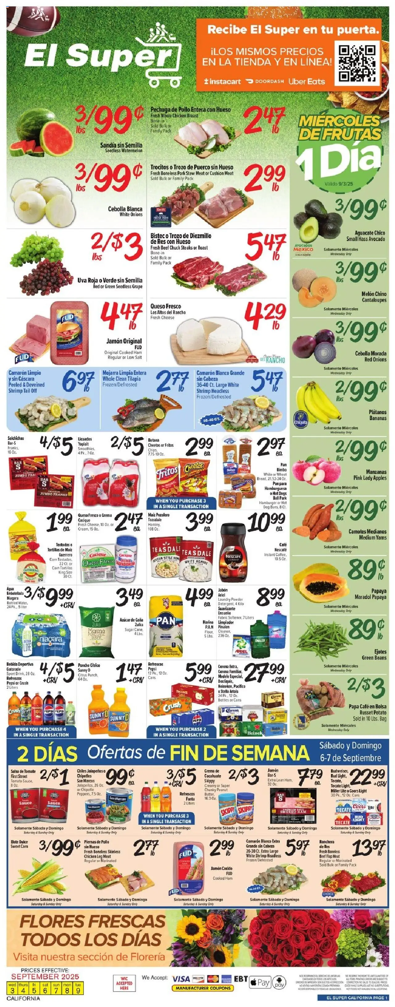 El Super Weekly Ad - CA from 09/03/2025 - Flyer - Page number 1 - Apples, Hot Dogs, Avocado, Watermelon, Shrimp, Ham, Tortillas, Sauce