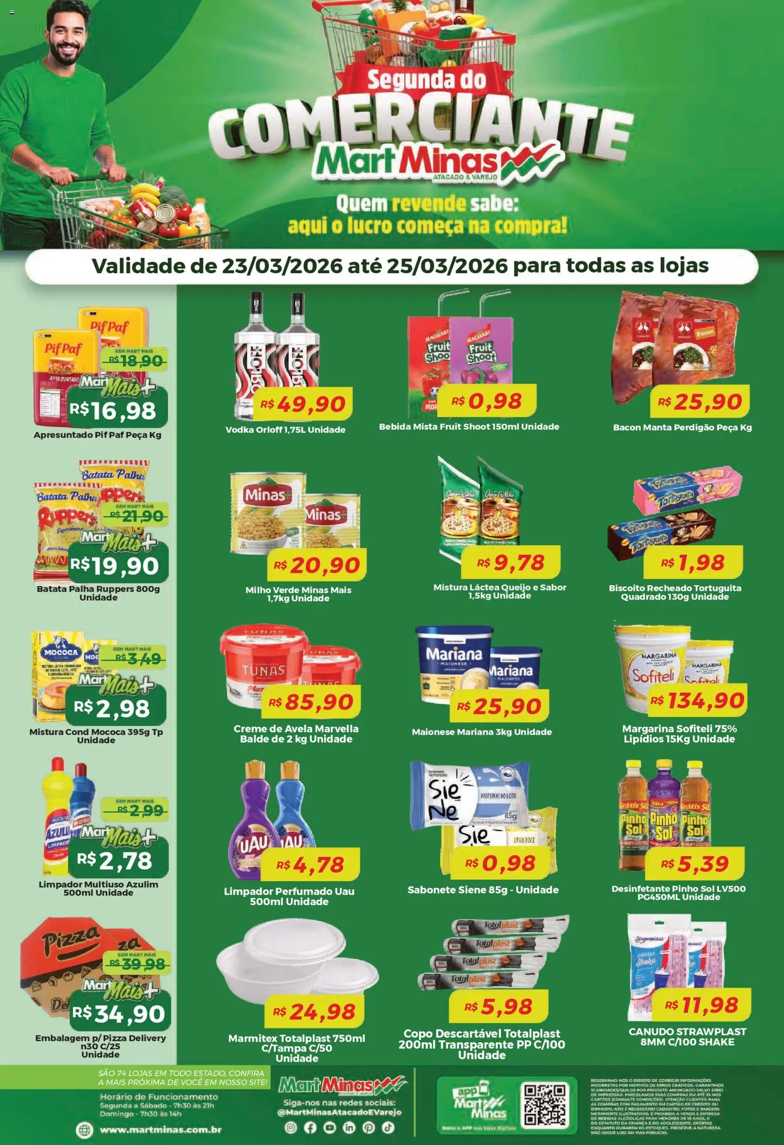 Pré-Visualização do folheto "Mart Minas ofertas Segunda do Comerciante" da loja Mart Minas válido a partir de 23/03/2026 - Leite, Queijo, Creme, Batata palha, Margarina, Balde, Azulim, Limpador multiuso