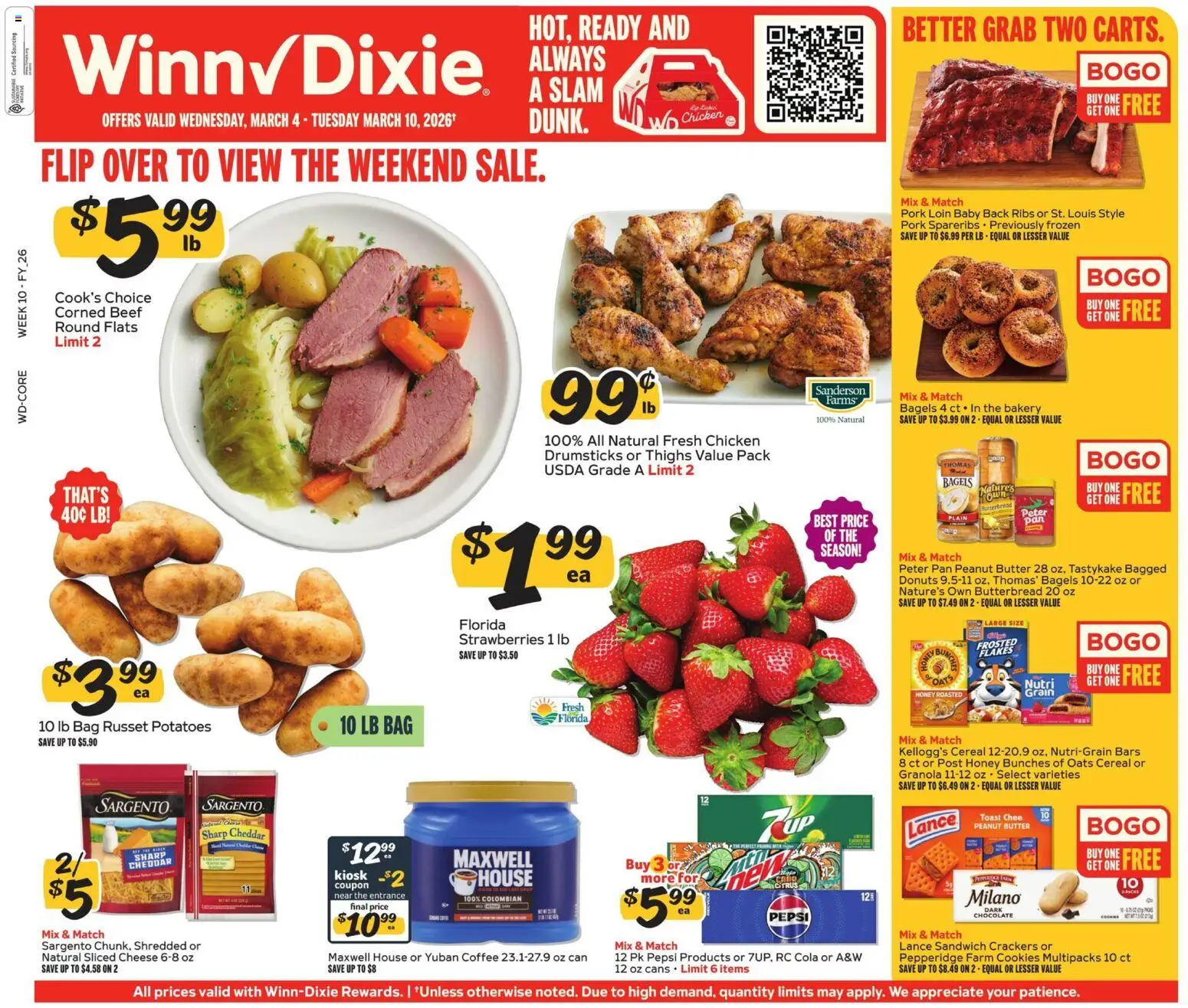 Ad Preview of Winn Dixie Winn Dixie Weekly Ad from 03/04/2026 - Chocolate, Potatoes, Cereal, Pan, Peanut butter, Bag, Drumsticks, Chicken