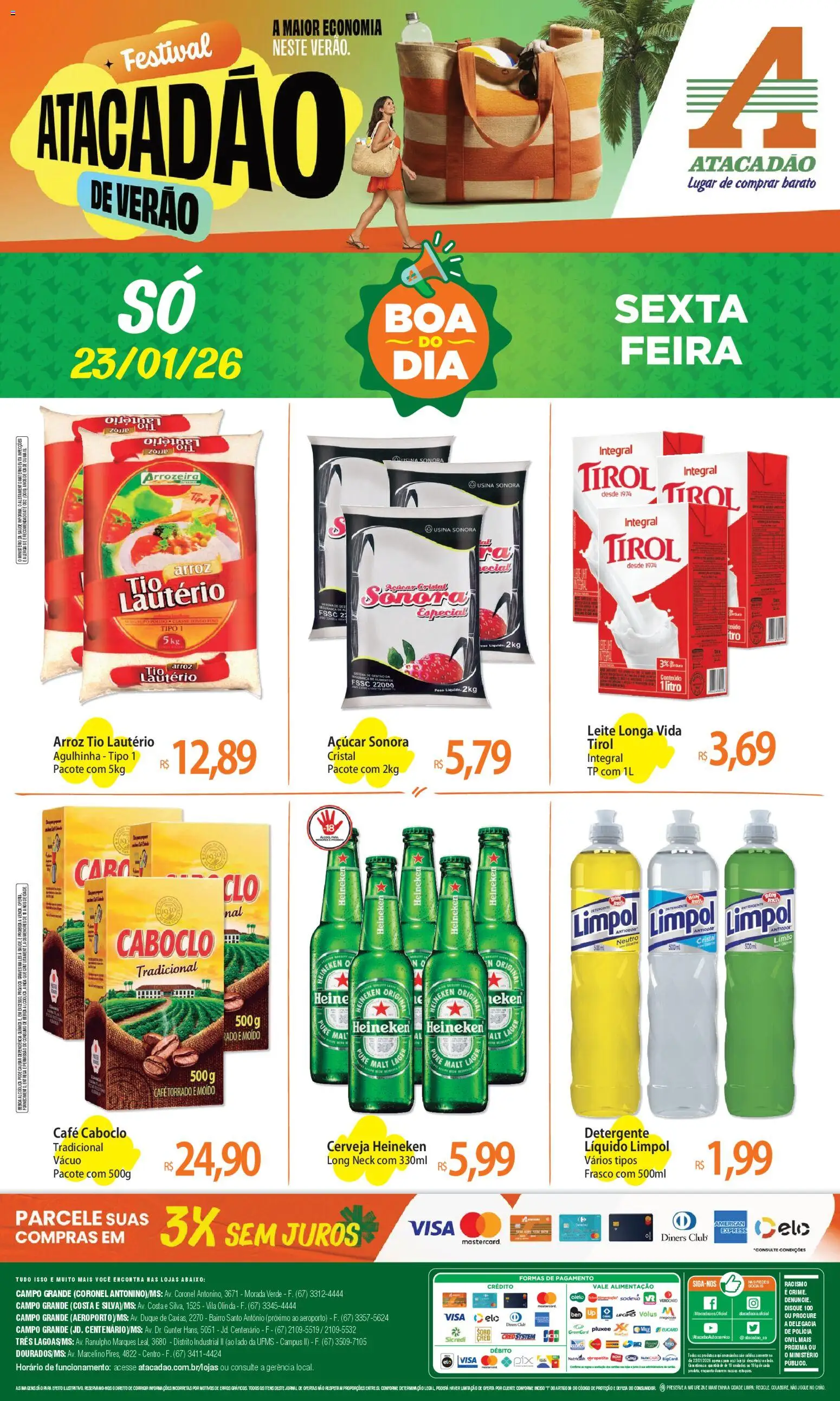 Pré-Visualização do folheto "Ofertas - MS" da loja Atacadão válido a partir de 23/01/2026 - Café, Pá, Heineken, Cerveja, Leite, Cerveja Heineken, Detergente, Leite longa vida