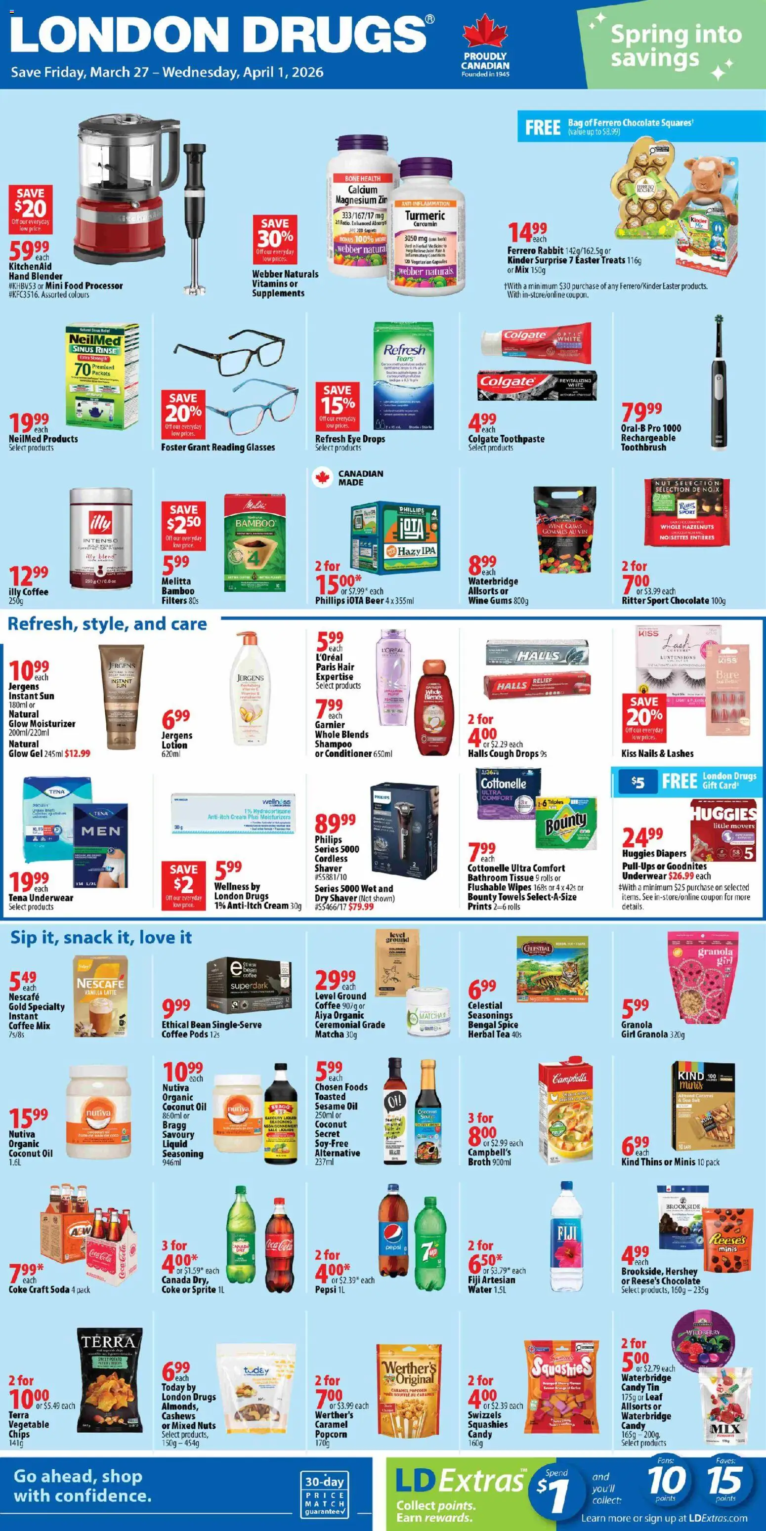 Preview of leaflet London Drugs weekly flyer / circulaire from shop London Drugs is valid from Mar 27, 2026 - Matcha, Glasses, Water, Blender, Rabbit, Coconut, Underwear, Toothpaste