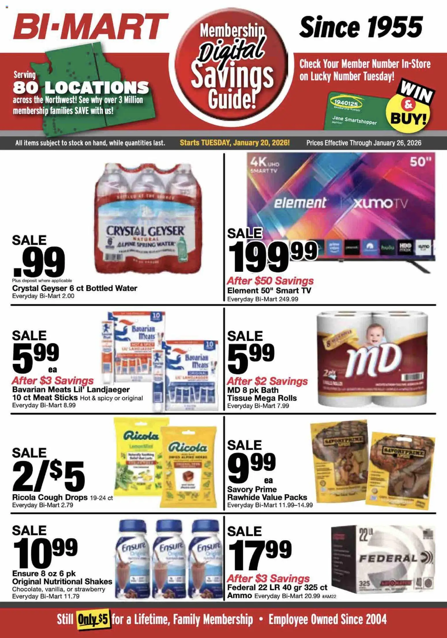Ad Preview of Bi-Mart Weekly Ad from 01/20/2026 - Water, Tv, Meat, Bath, Cough drops, Spring water, Ammo