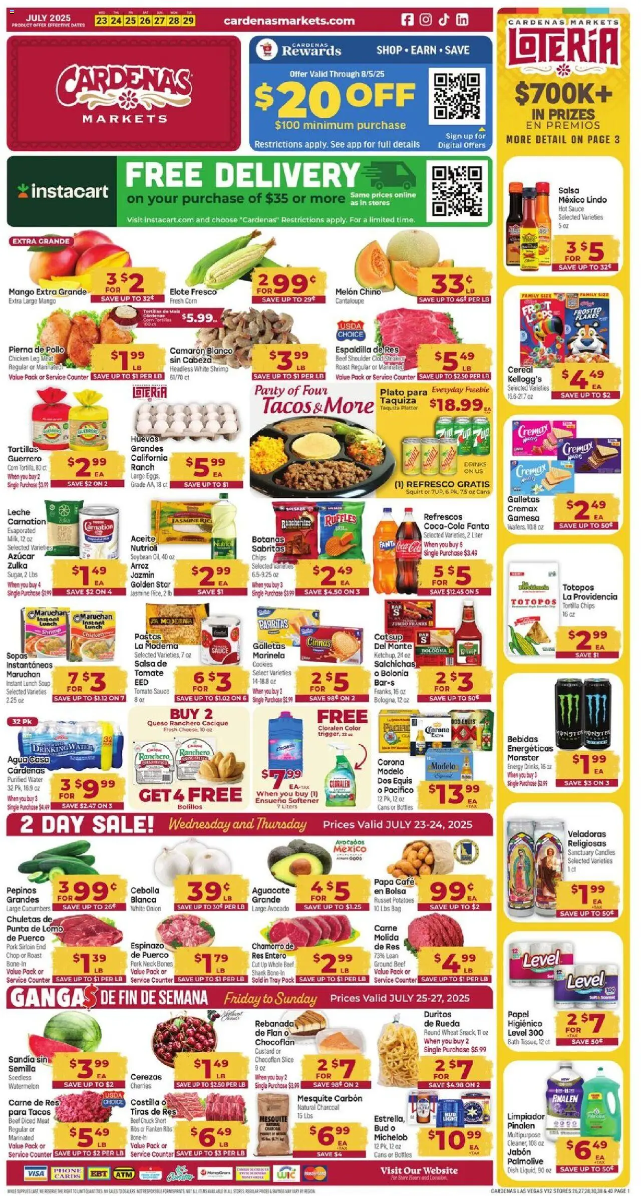 Cardenas Weekly Ad - NV from 07/23/2025 - Flyer - Page number 1 - Corn, Charcoal, Chips, Water, Tortilla chips, Sauce, Bag, Fanta