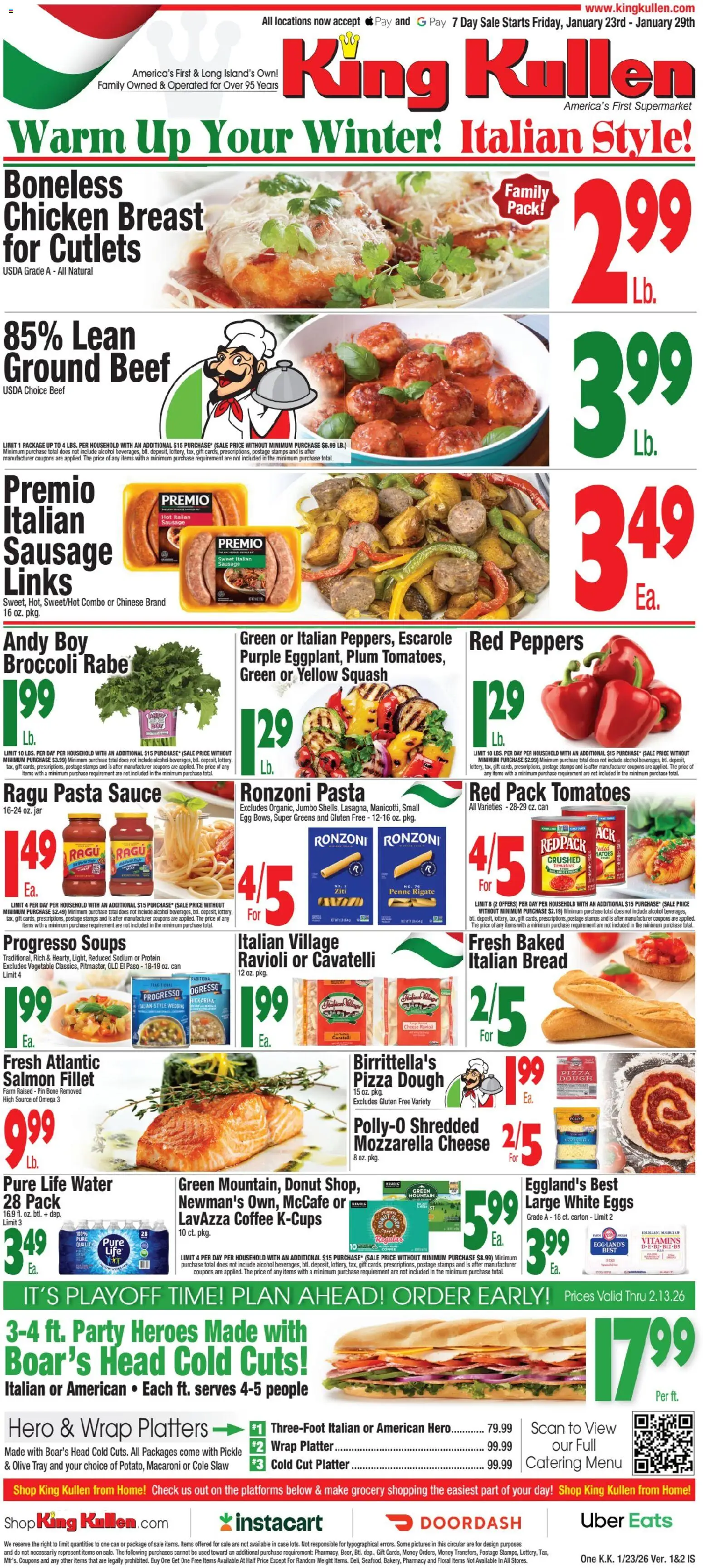 Ad Preview of King Kullen Weekly Ad from 01/23/2026 - Coffee, Alcohol, Pin, Cheese, Omega, Weight, Case, Chicken