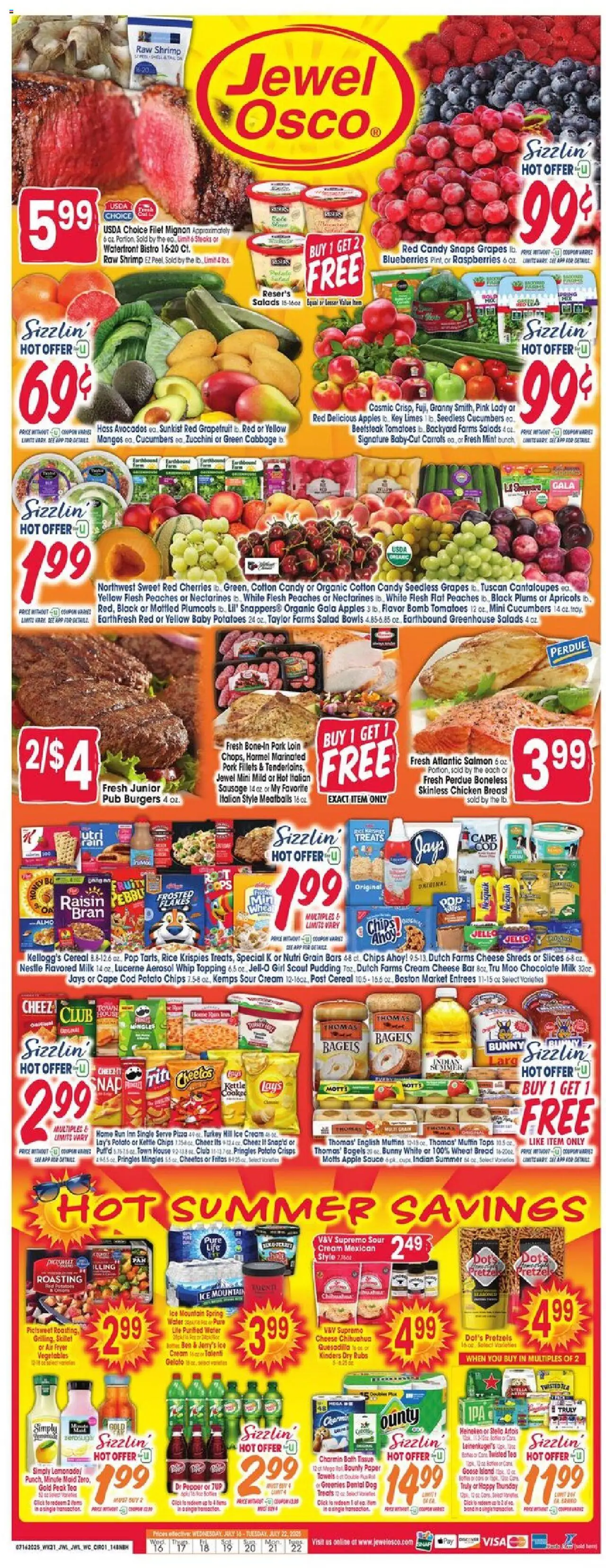 Jewel Osco Weekly Ad from 07/16/2025 - Flyer - Page number 1 - Skillet, Chicken, Tomatoes, Cream, Cucumbers, Ice cream, Vegetables, Muffins
